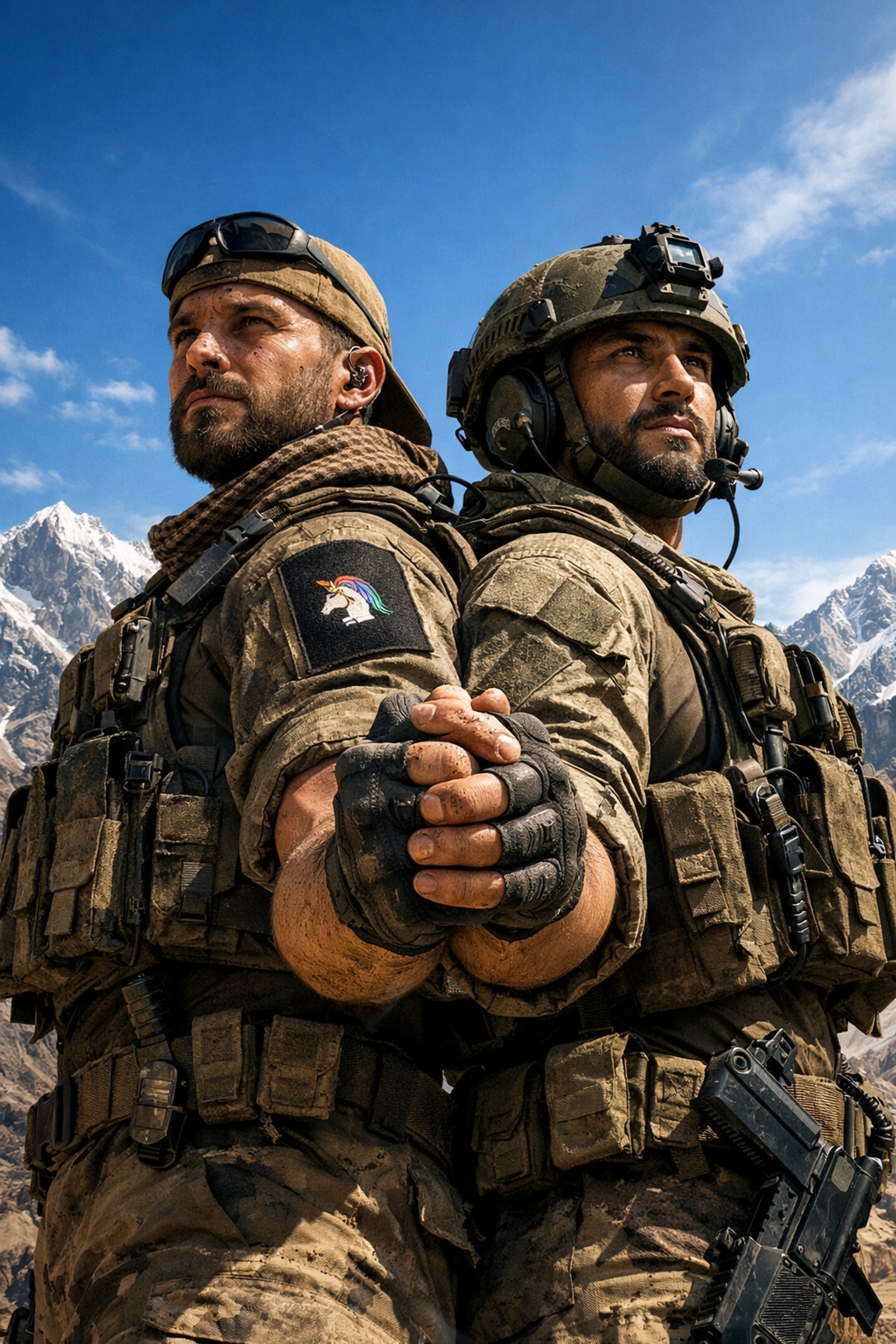LGBTQ+ soldiers with a rainbow patch standing together in a mountain landscape for queer resilience.