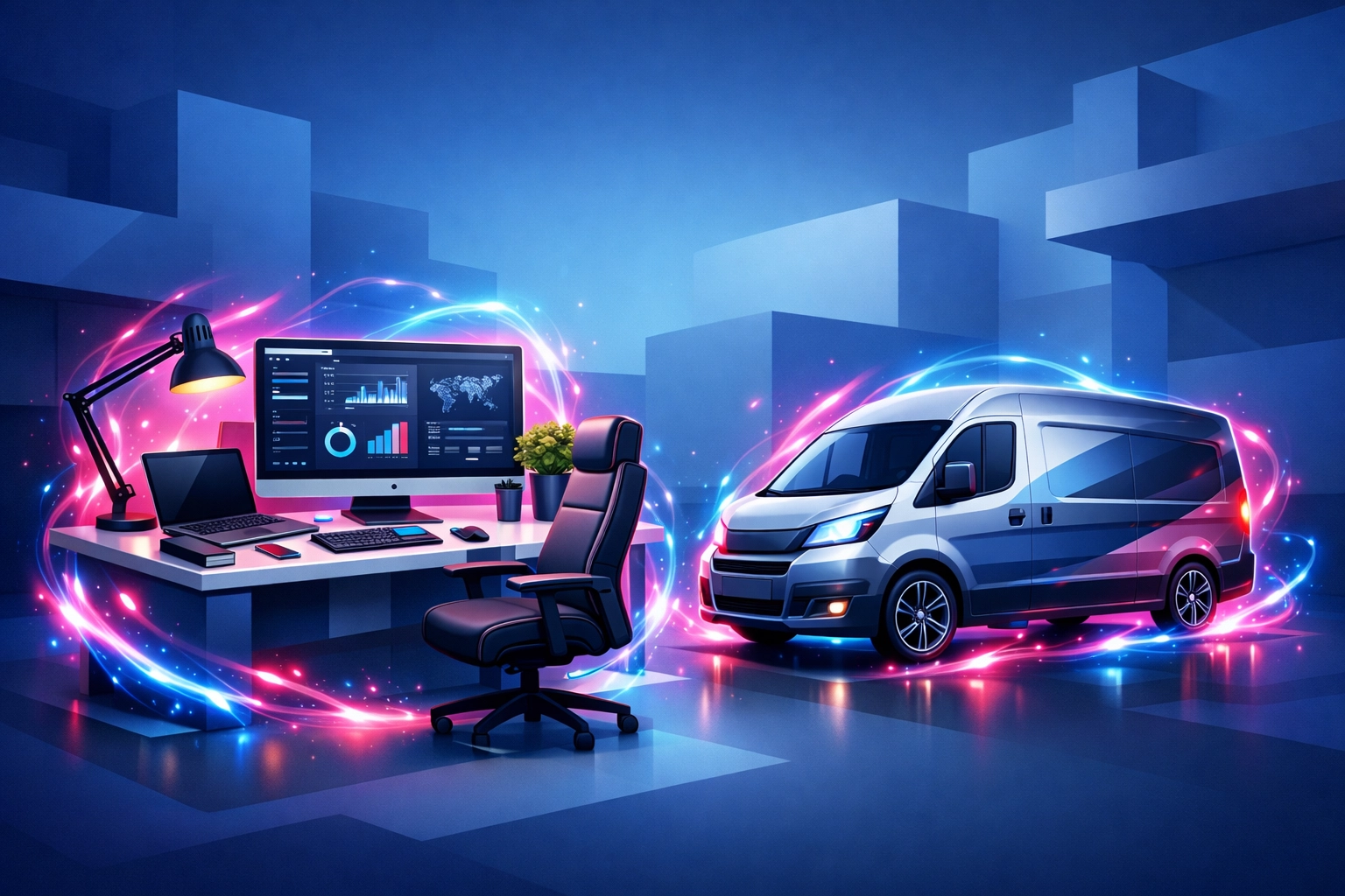 New office tech and commercial vehicles illustrating Section 179 tax deductions and business growth.