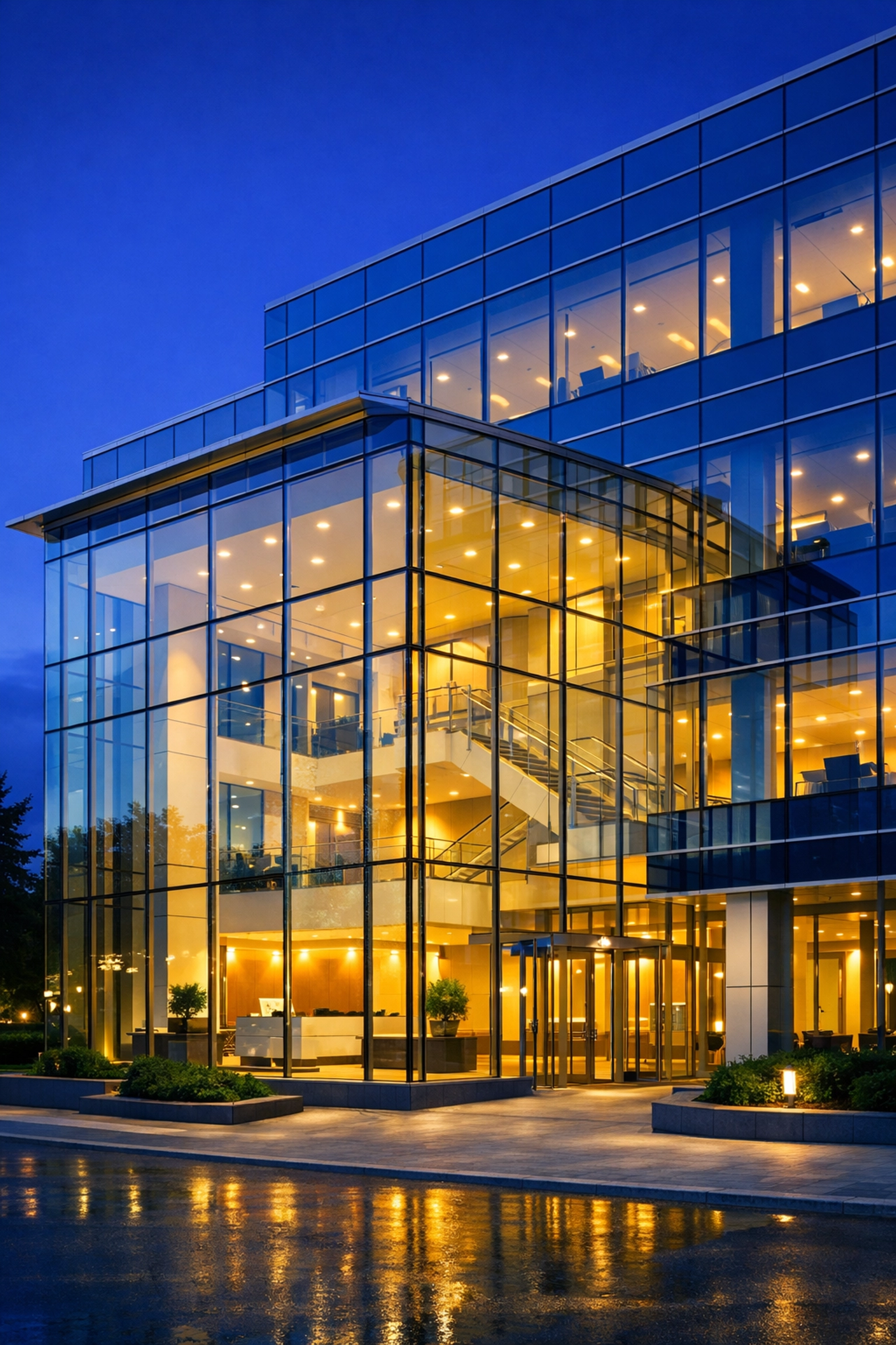 Spotless Massachusetts office lobby at night cleaned by professional janitorial services Massachusetts.