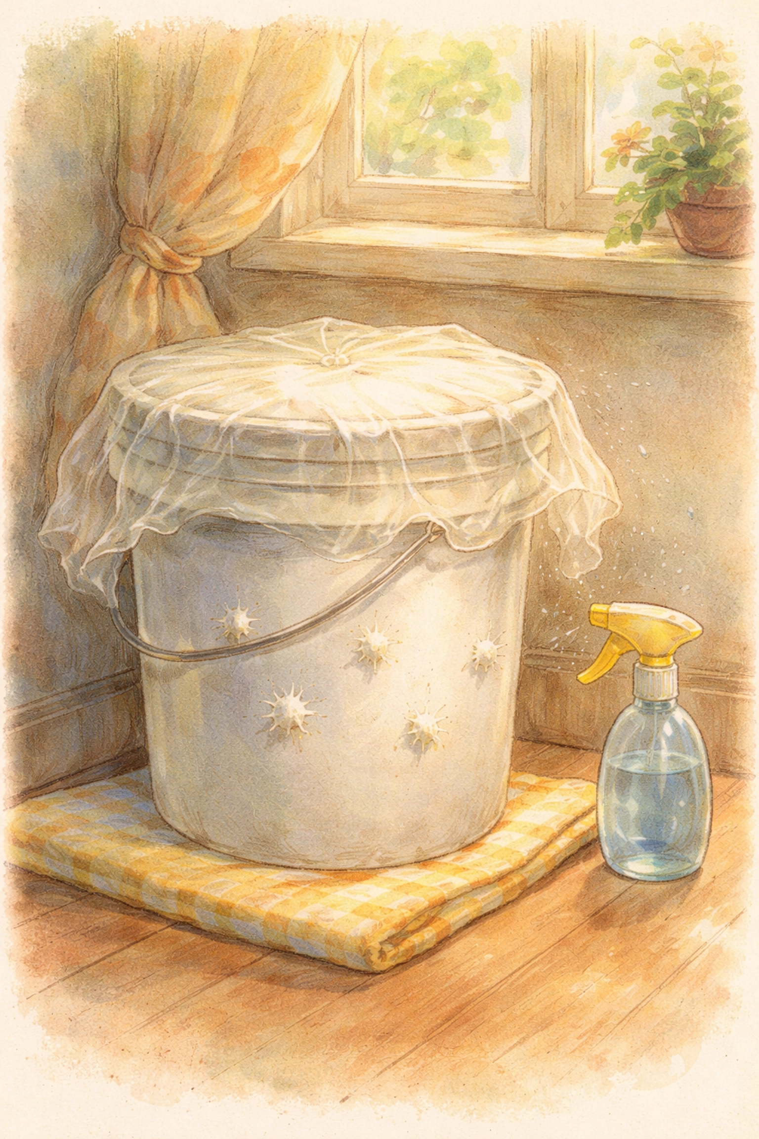 Cartoon illustration of a 5-gallon mushroom bucket covered with a plastic bag to maintain humidity indoors.