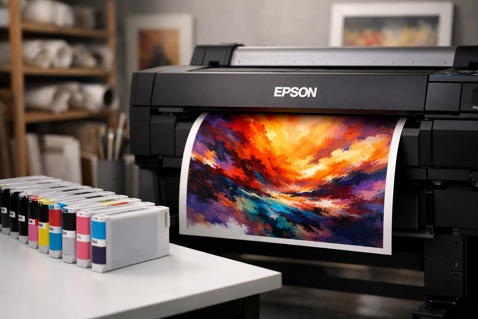 Professional giclée printer producing fine art print with archival pigment inks
