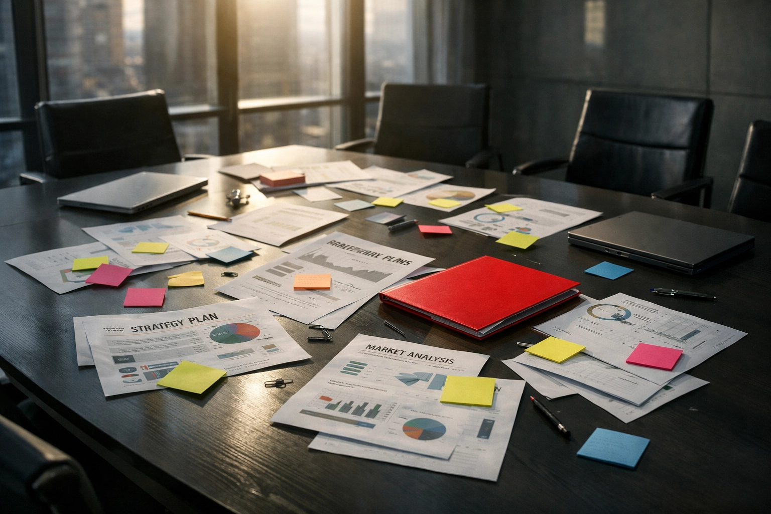 Abandoned strategy documents in boardroom showing enterprise transformation execution gap