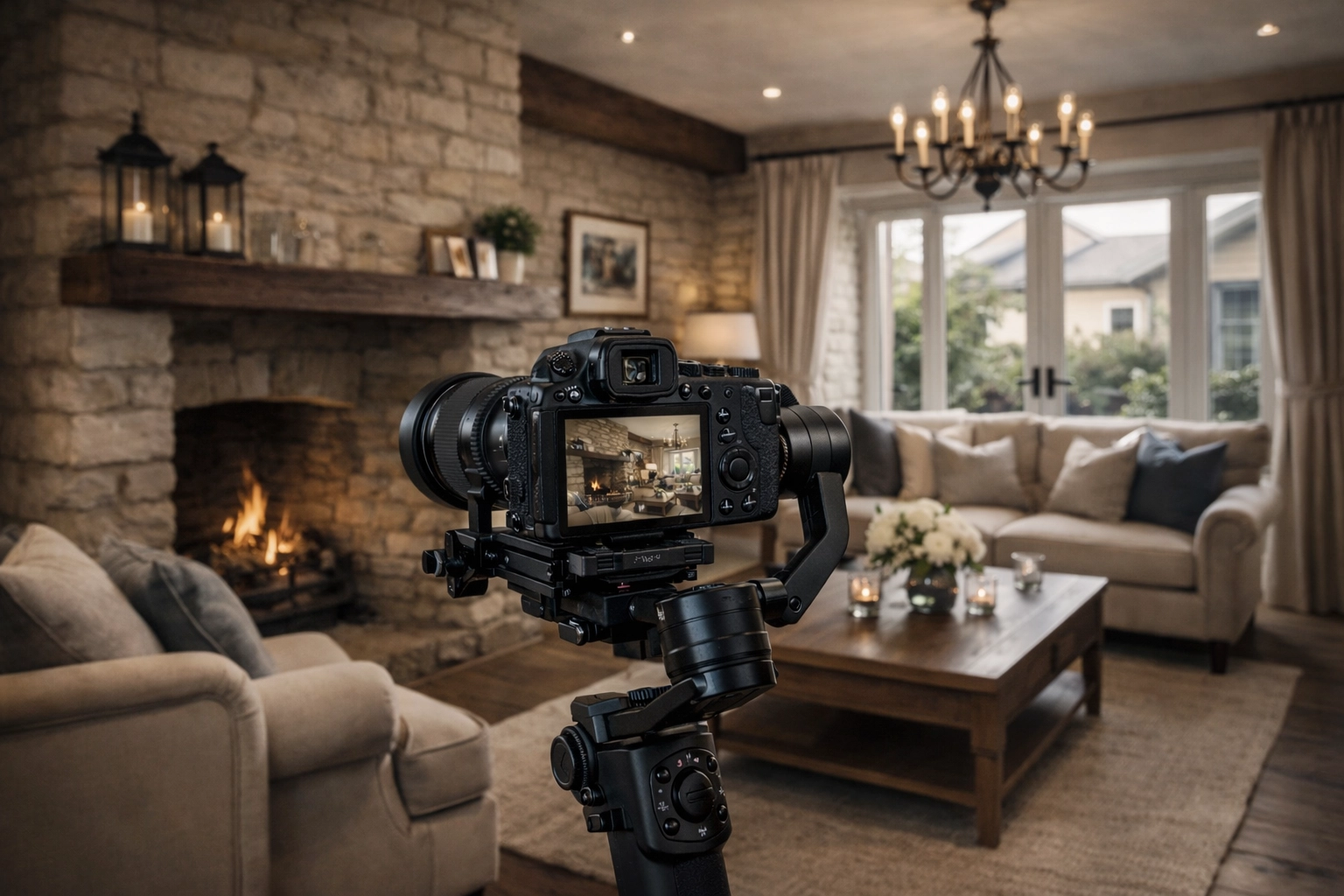 Filming a professional property video tour for a luxury home in West Oxfordshire.