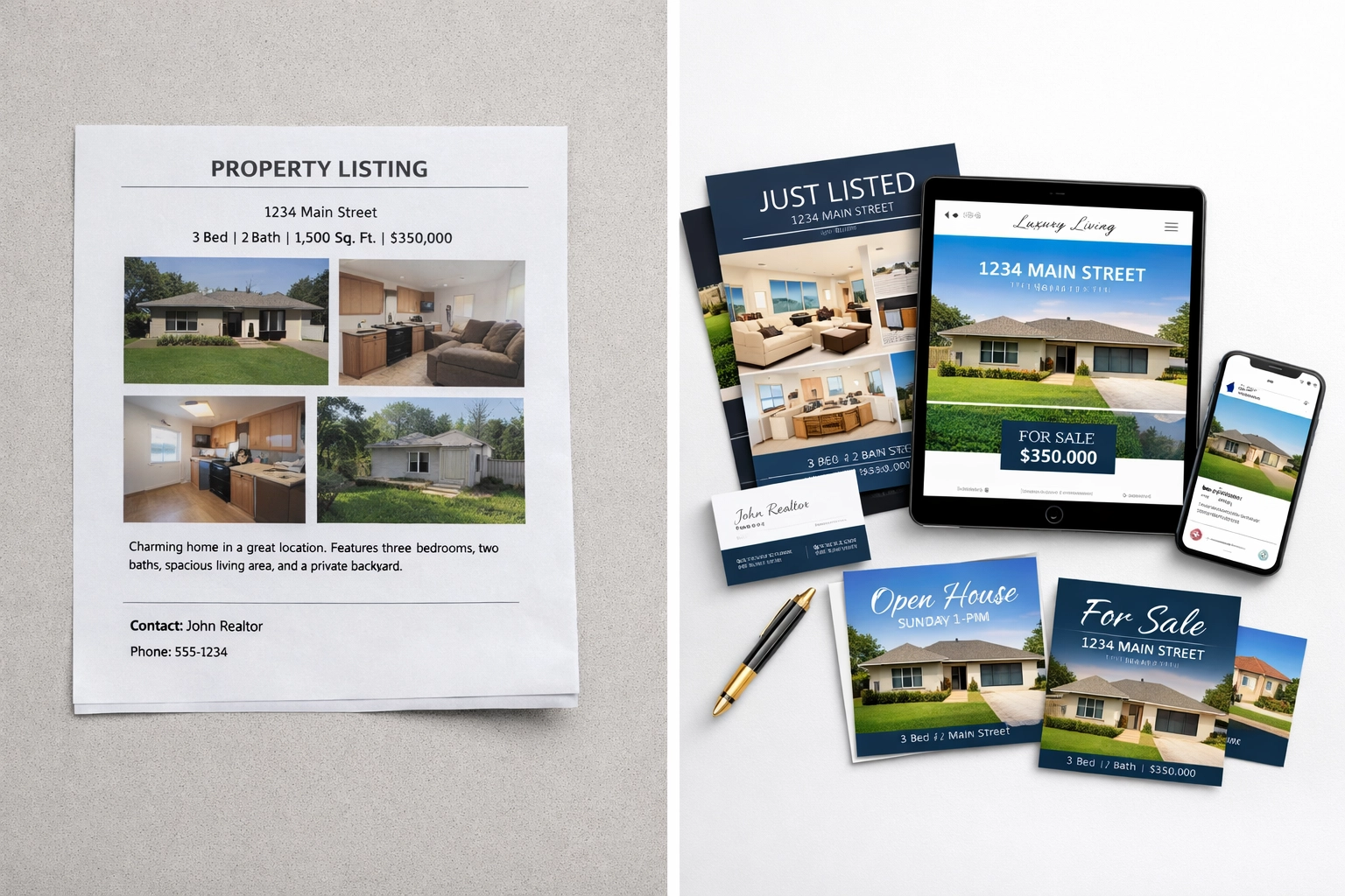 Comparison of basic listing materials versus premium real estate marketing kit with branded graphics