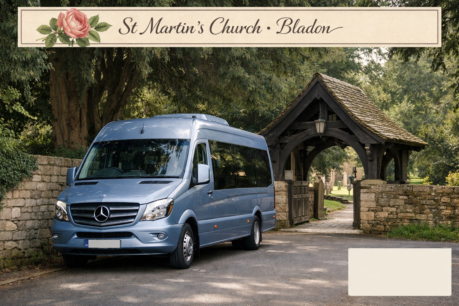 Mercedes tour minibus outside St Martin’s Church in Bladon near Woodstock.