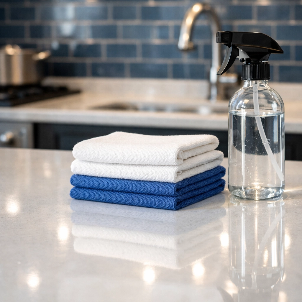 Spotless kitchen with eco-friendly cleaning supplies, providing professional deep cleaning for Harvard residents.