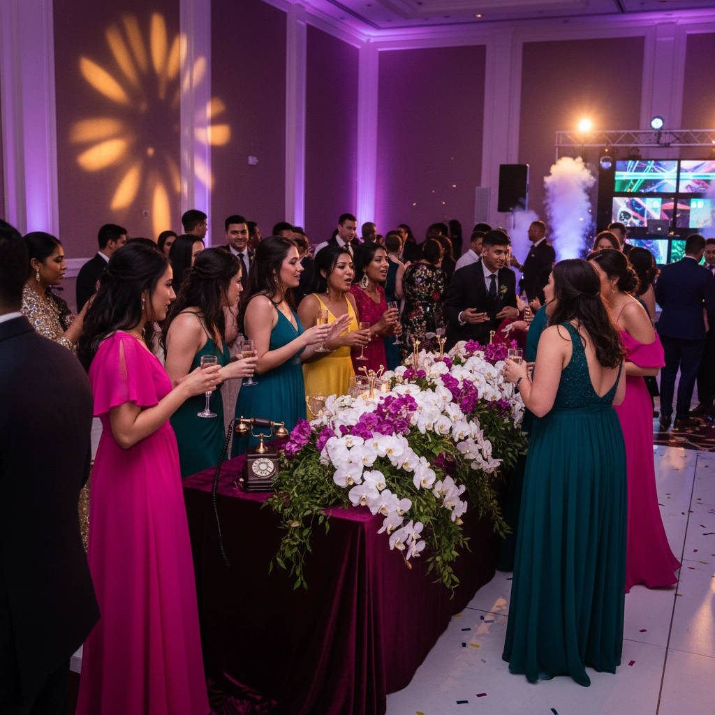 People in colorful dresses gather at a decorated table with flowers and vintage phones at a lively party with purple-lit walls and vibrant lighting.