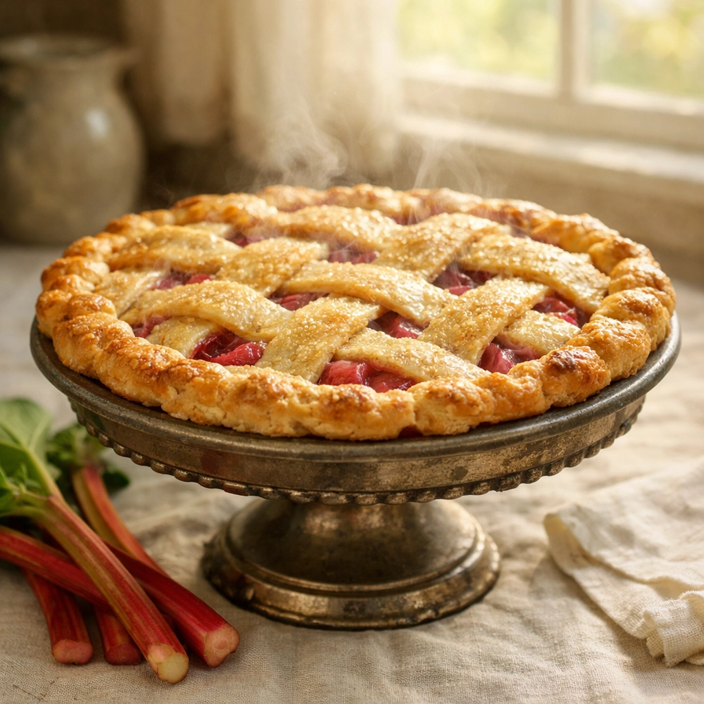 Southern rhubarb pie with golden lattice crust and fresh rhubarb stalks