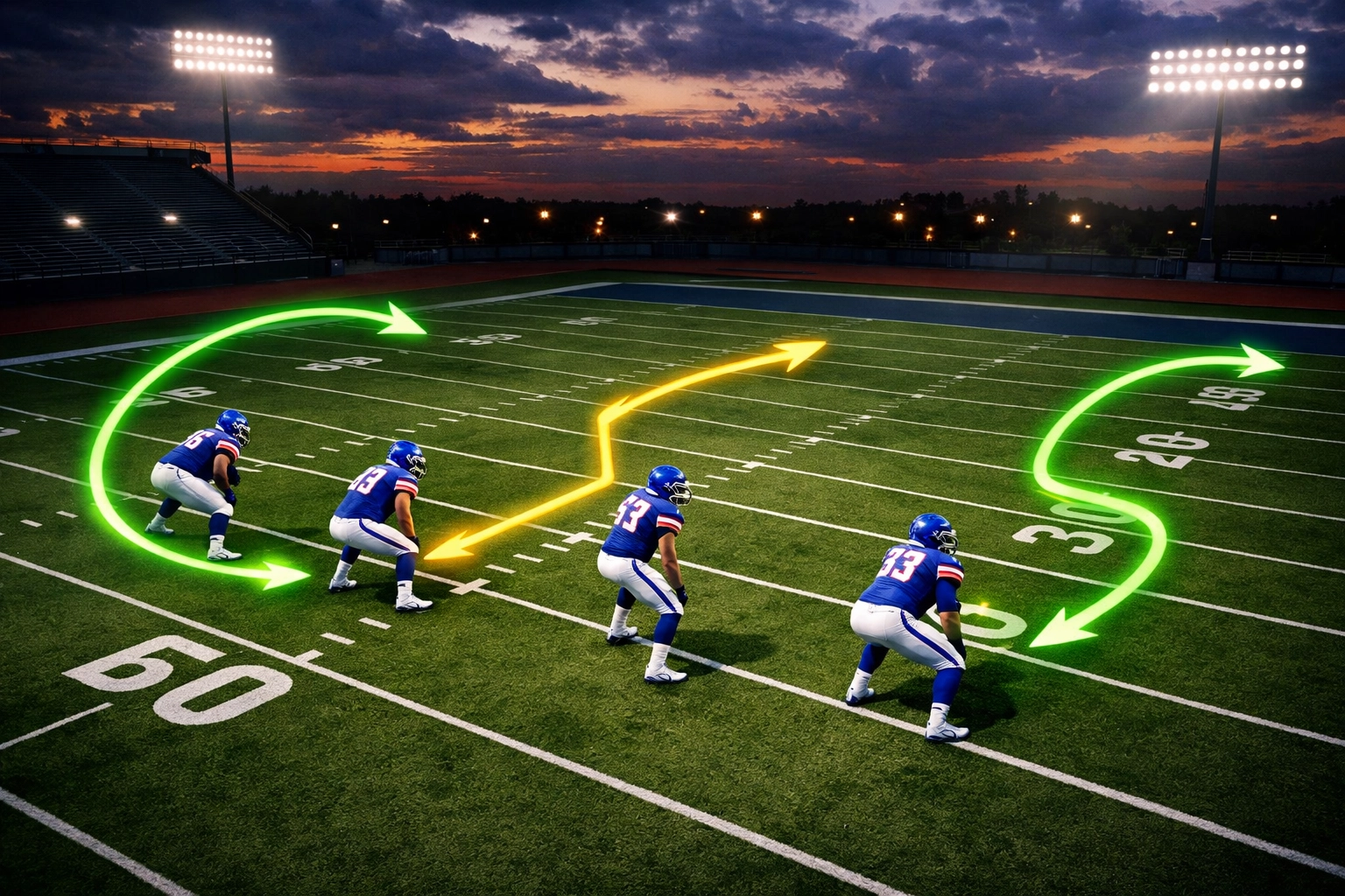 Football field showing tight end route variations and positioning strategies