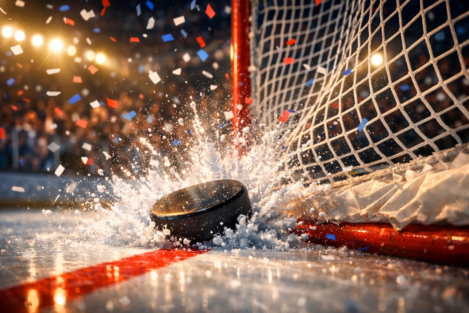 Hockey puck crossing goal line as Team USA wins gold medal at 2026 Winter Games in overtime victory