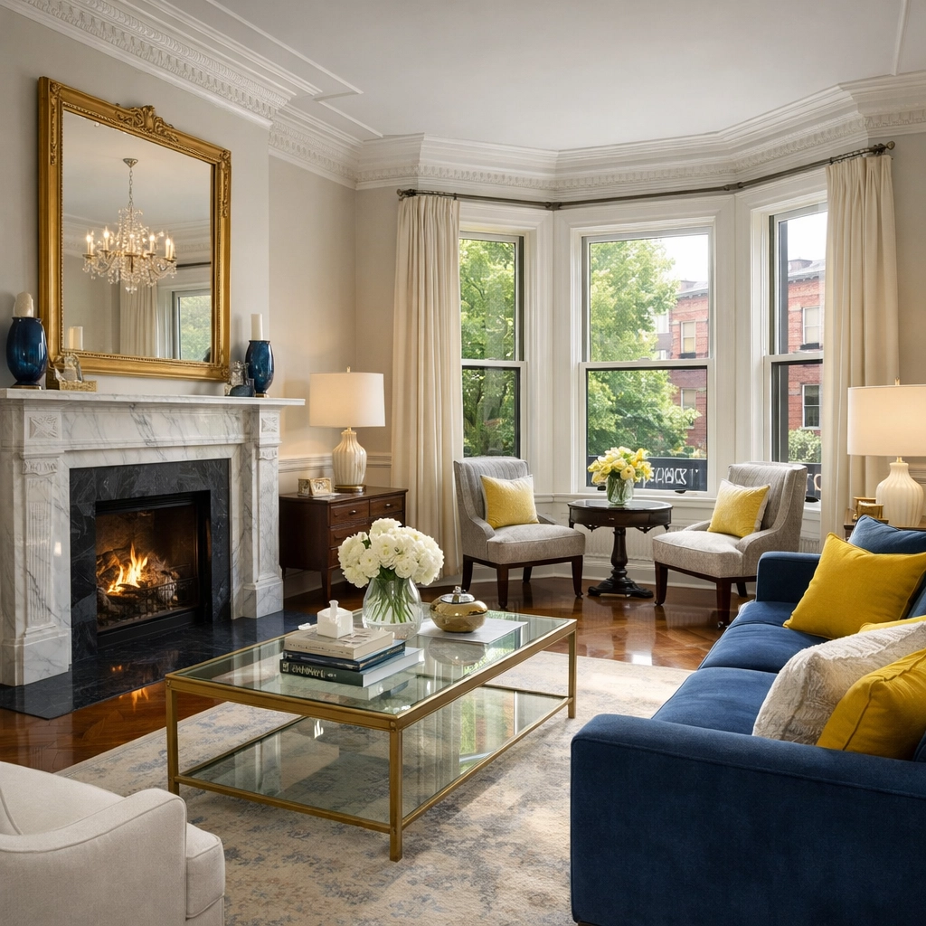 Impeccably clean Boston brownstone living room after a high-end post-construction cleaning MA.
