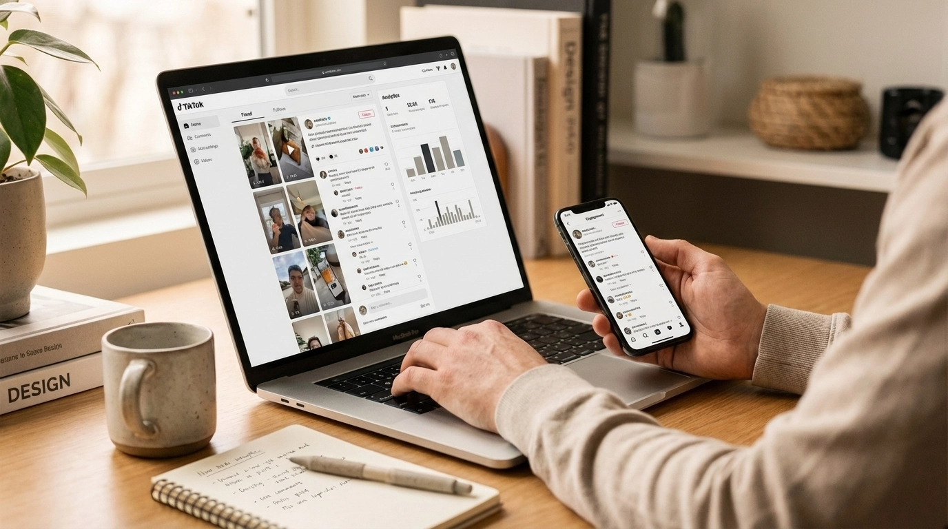 Image of someone on a tiktok on their laptop while holding a phone that has instagram open on it.