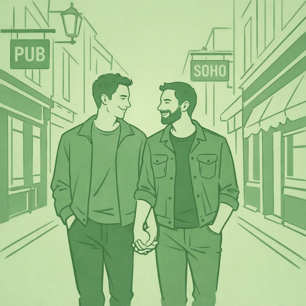 Modern MM couple walking through Soho London, symbolizing resilience and queer storytelling.