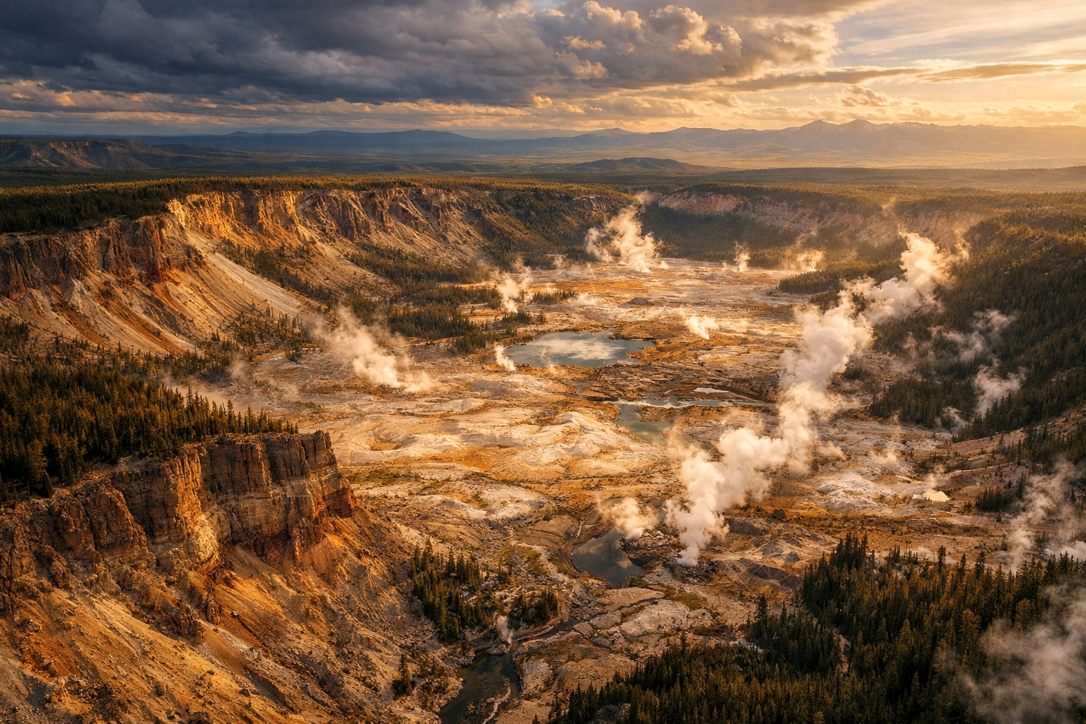 Aerial view of Yellowstone's volcanic caldera showing geothermal features for earth science education