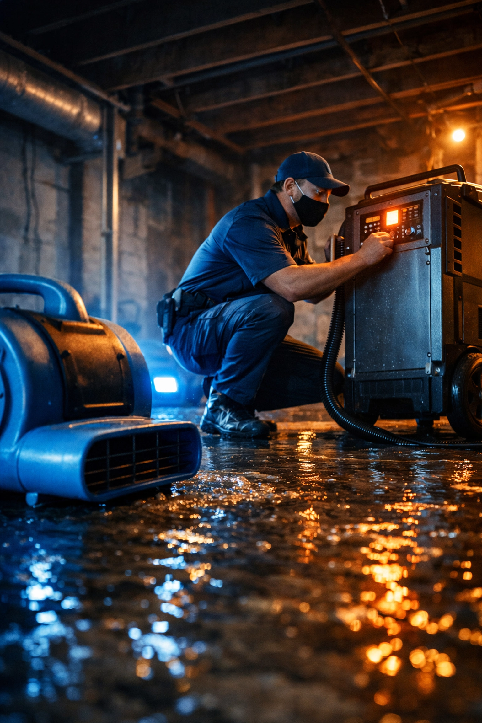 Professional water damage restoration technician using industrial dehumidifier in flooded basement