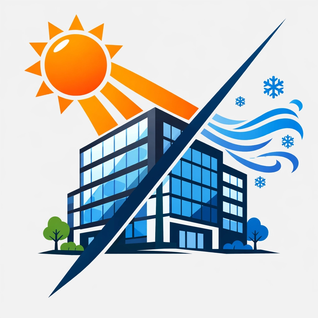 Commercial office building illustration highlighting the shift from spring heat to efficient AC cooling.