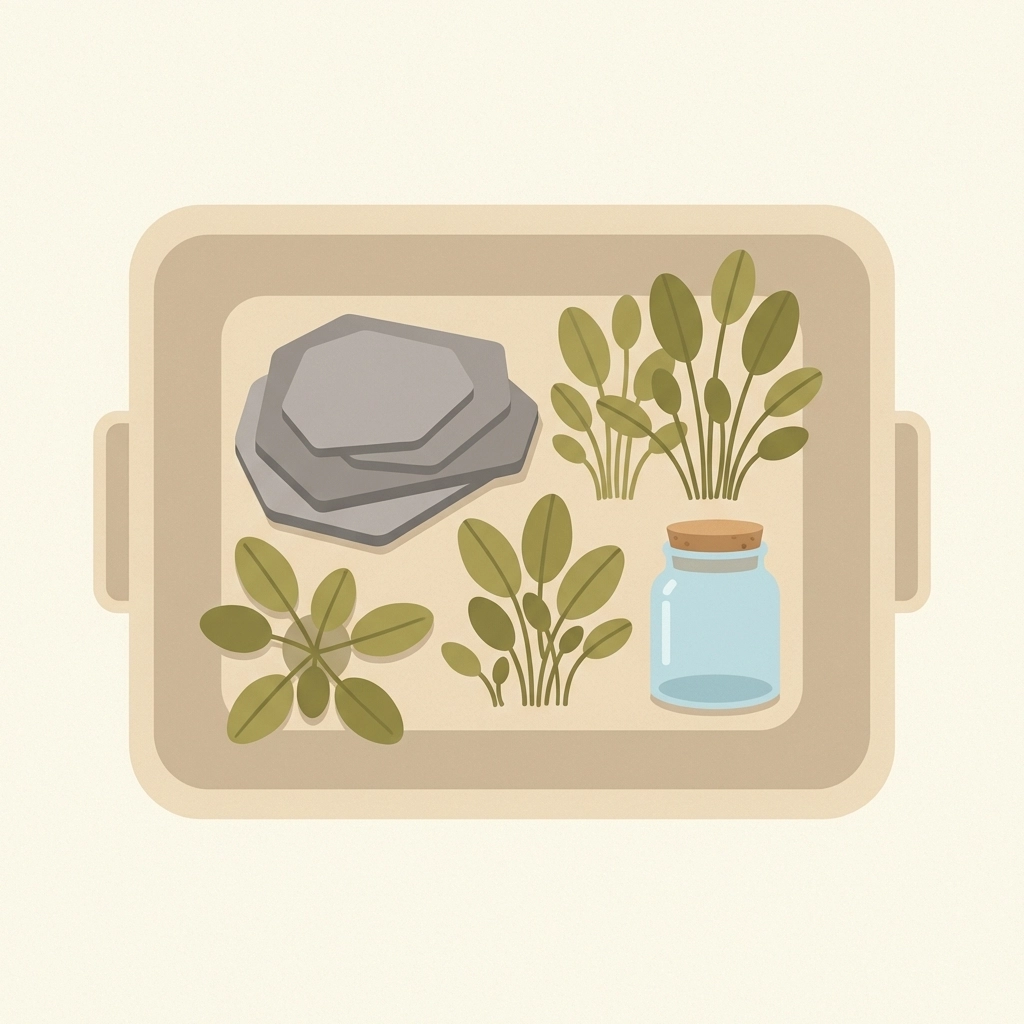 Diagram of DIY observation pond supplies, including container, aquatic plants, rocks, and a clear jar for frog life cycle study.