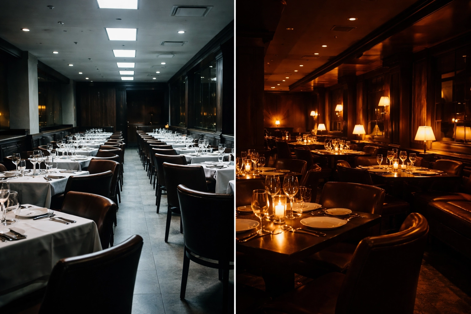 Upscale restaurant interior split between harsh fluorescent and warm, inviting lighting, showing ambiance impact on dining experience.