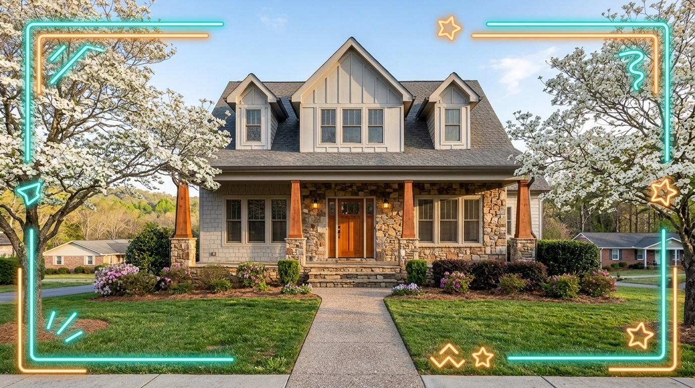A bright, welcoming downtown Cartersville streetscape with historic brick storefronts, sidewalk planters, shoppers, and a traditional Craftsman home nearby, accented with playful colorful hand-drawn borders.