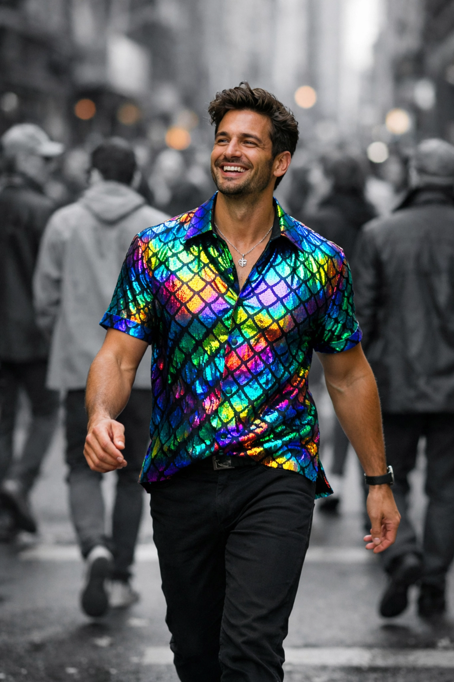 A man in a unique patterned shirt standing out from a crowd, illustrating the rare male effect in nature.