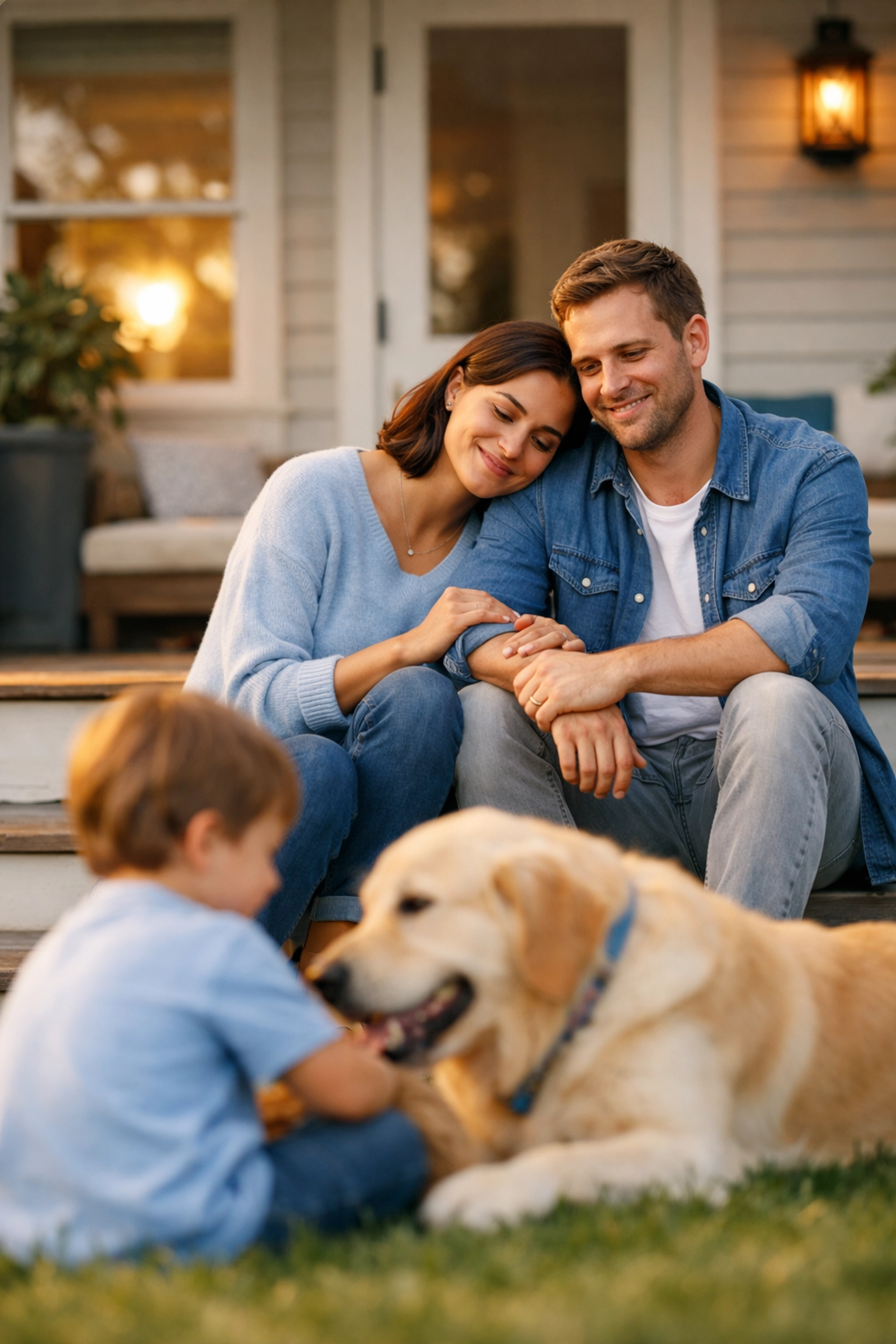 Young California family on porch, representing peace of mind with term life insurance coverage.