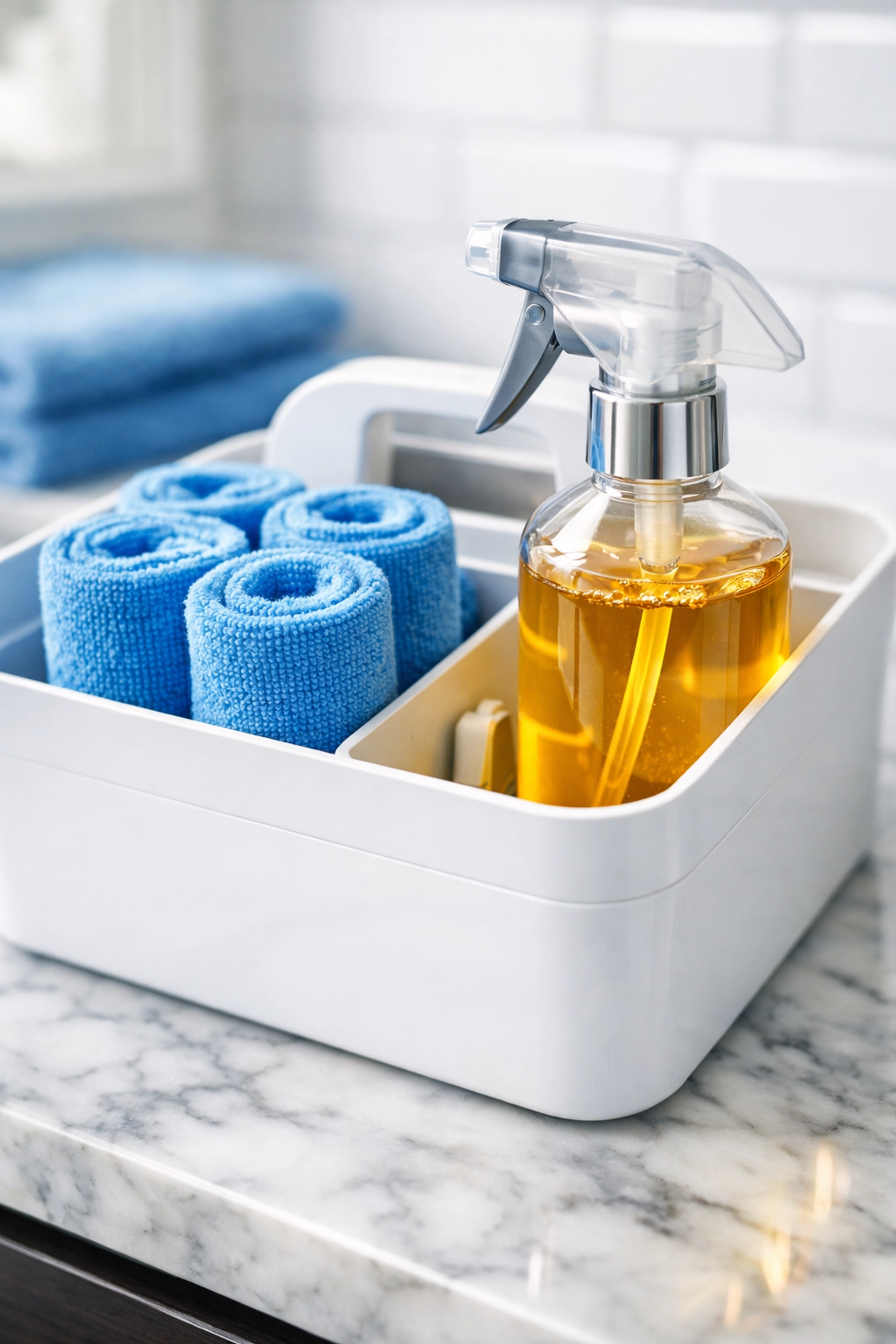 Professional house cleaning supplies and microfiber cloths in a caddy for efficient home maintenance.