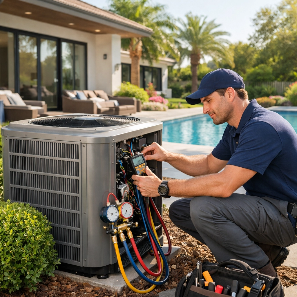 Professional technician performing preventive maintenance on luxury vacation home exterior