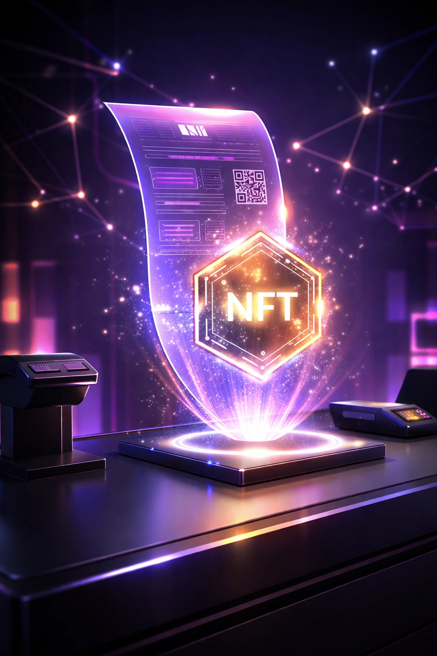 Futuristic NFT receipt floating above a retail checkout, highlighting Larecoin POS system for secure crypto payments