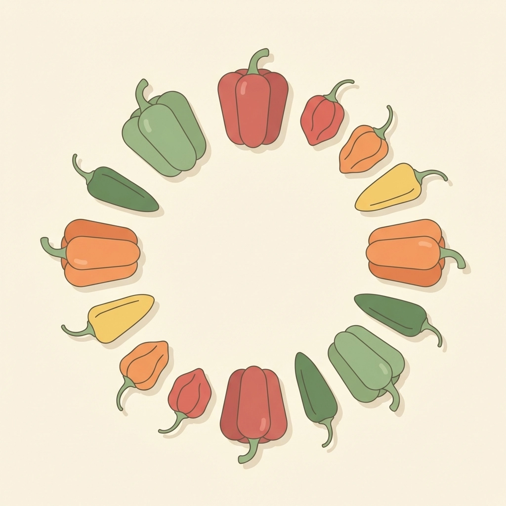Illustration of different hydroponic pepper varieties including bell, jalapeño, and habanero for home growing