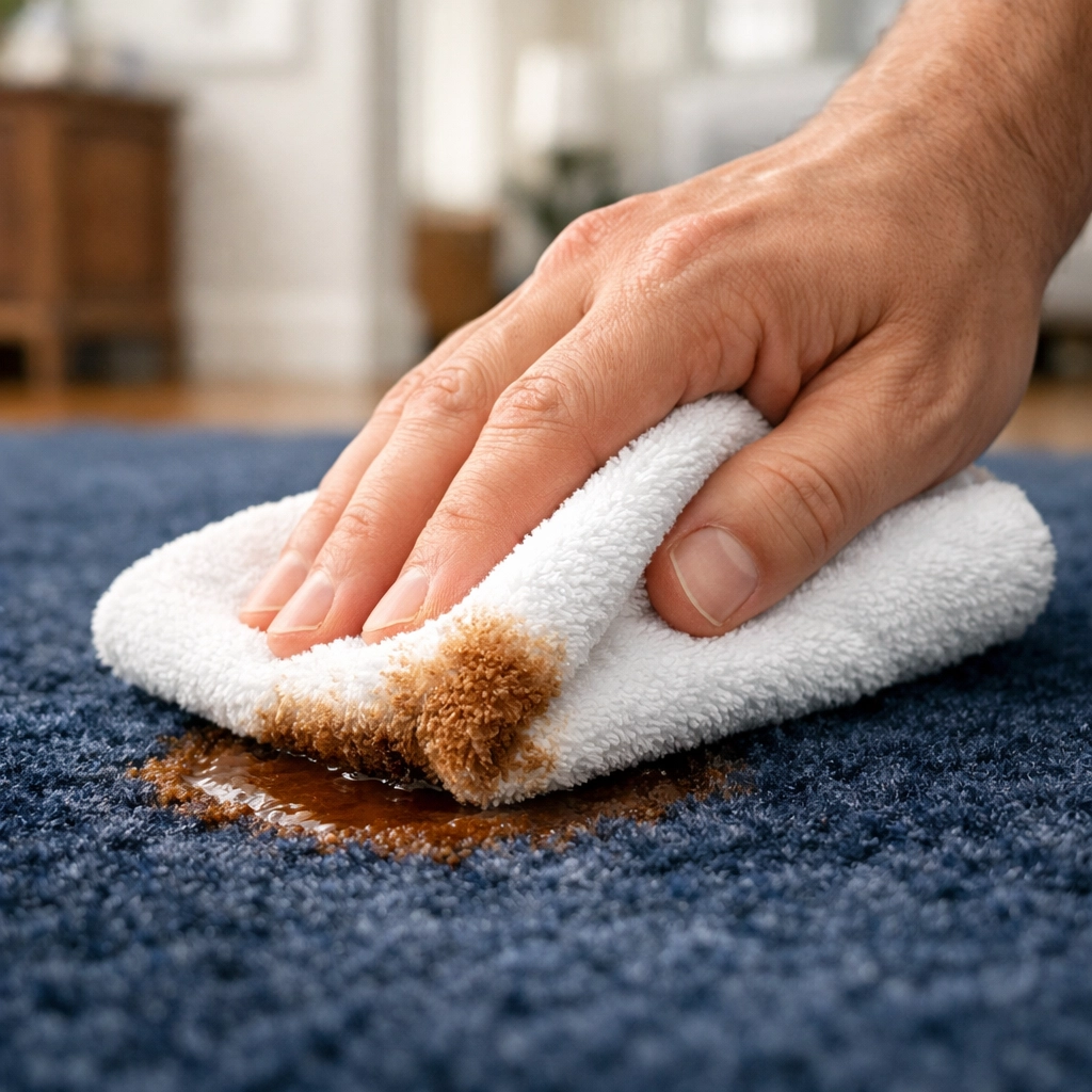 Hand using a white cloth to blot a mud stain on a navy blue carpet without scrubbing.