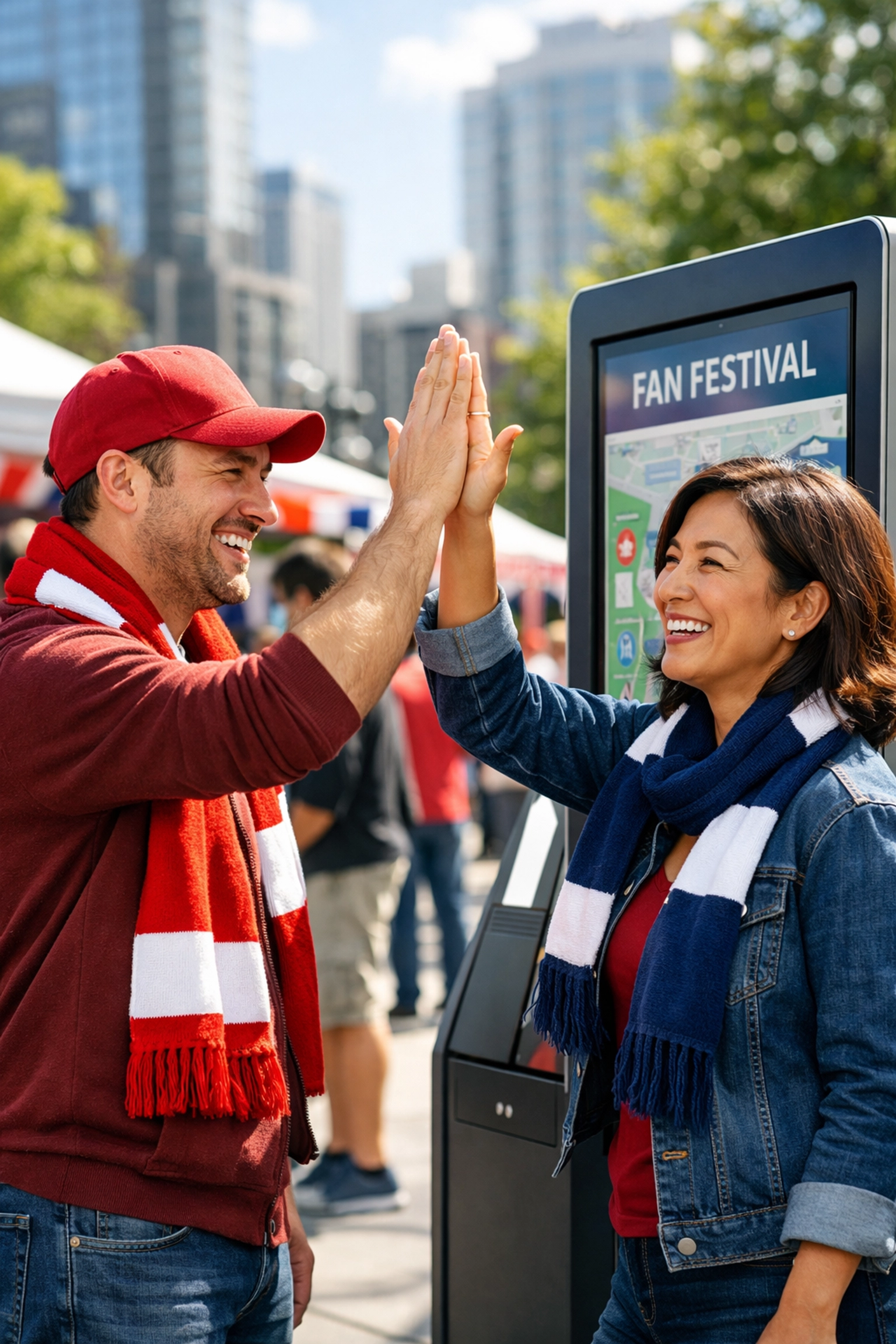 Fans high-fiving at a community-focused brand engagement kiosk during the Super Bowl fan festival.