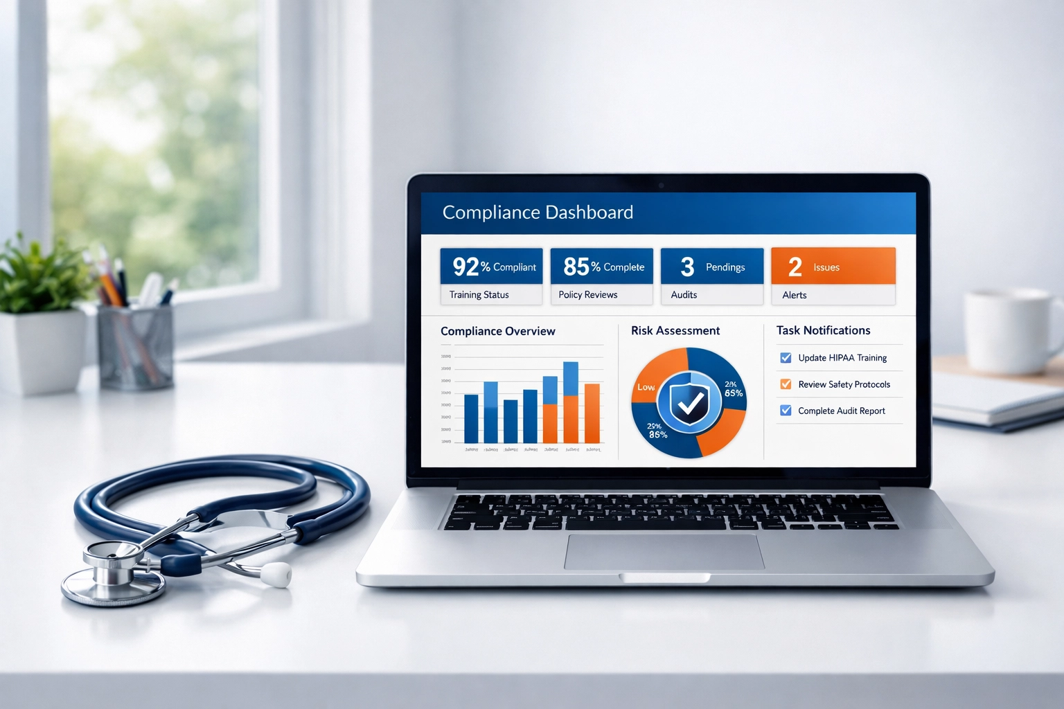 Organized healthcare workspace featuring an audit-ready HIPAA compliance dashboard on a laptop screen.