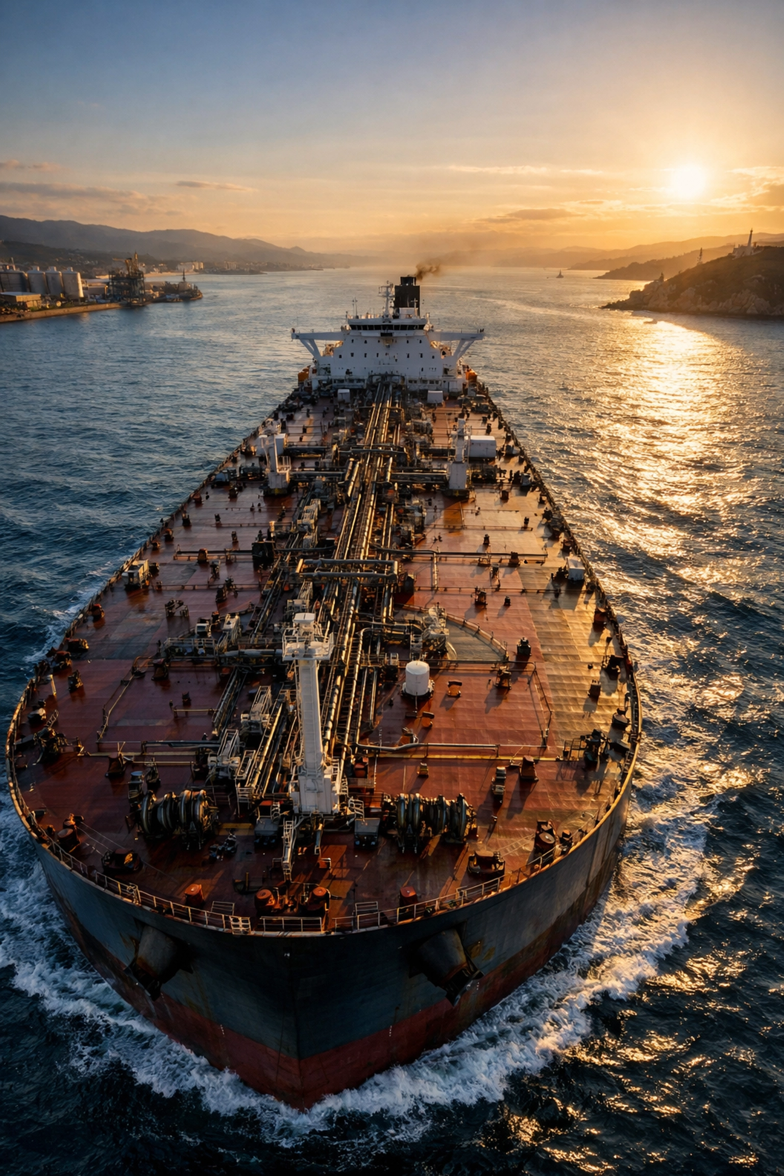 Massive industrial oil tanker ship in a maritime channel symbolizing global energy logistics.