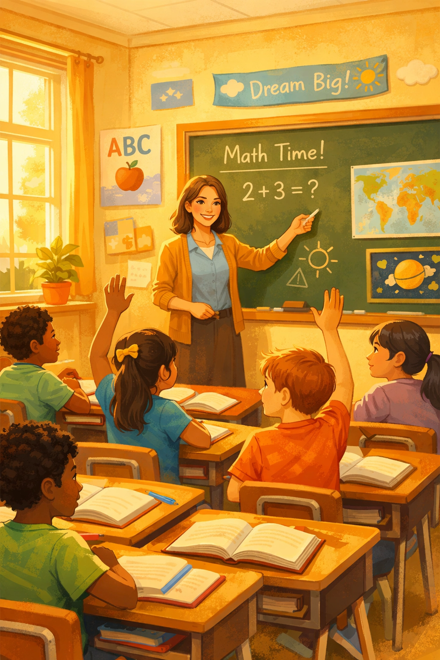 Teacher engaging diverse students in bright classroom with raised hands