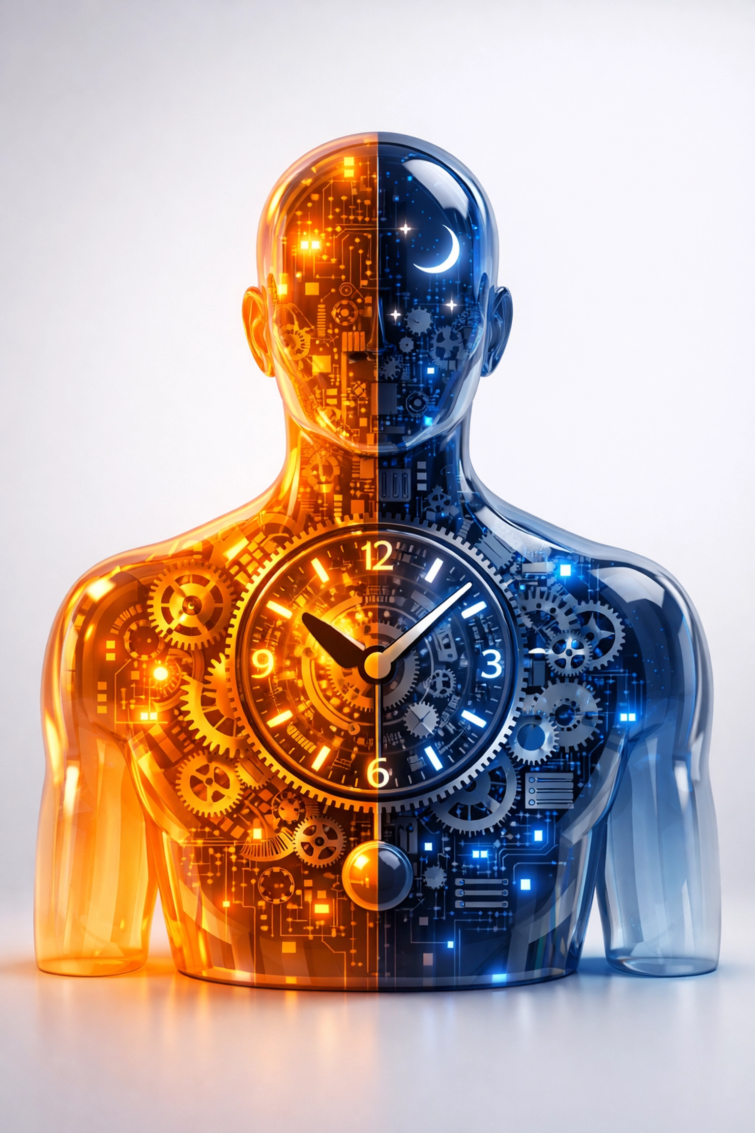 Human silhouette with an internal clock showing biological synchronization for time zone management.