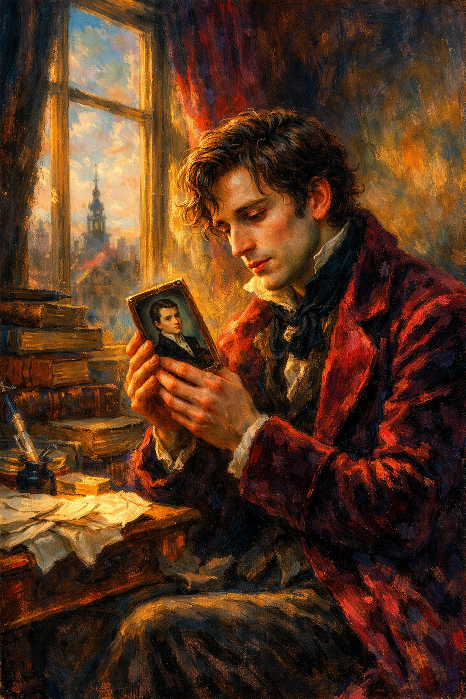 Hans Christian Andersen holding a portrait of a male lover in his study, depicting historical unrequited queer longing.
