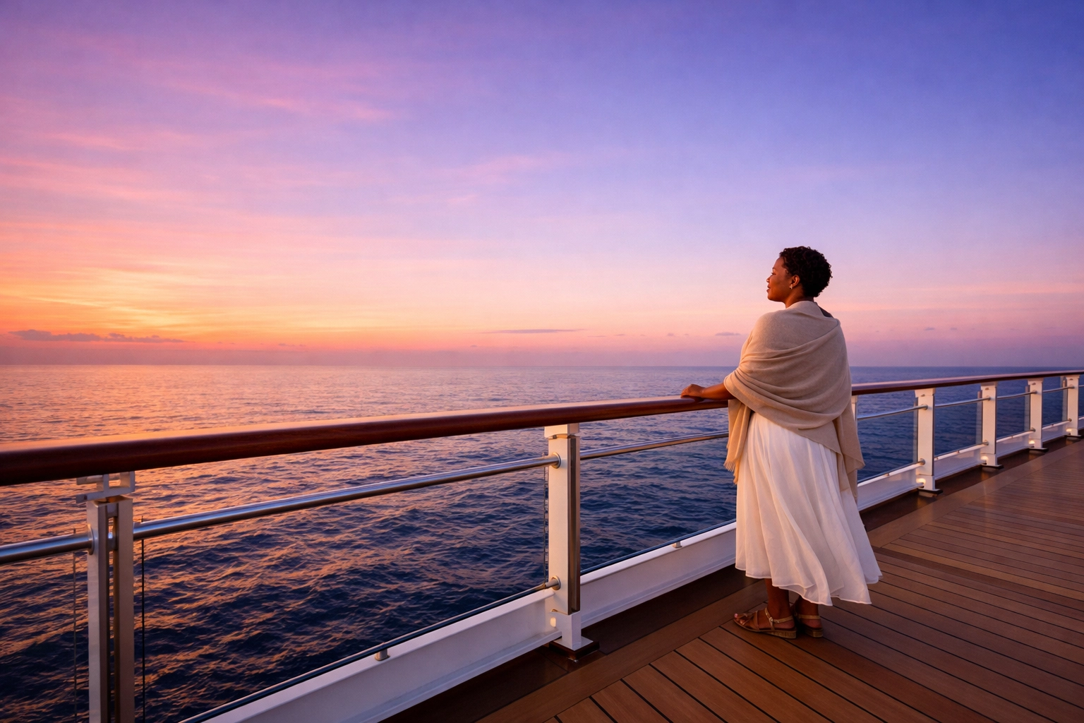 A woman relaxing on a cruise deck, showing the peace of mind provided by an Omaha travel agent.