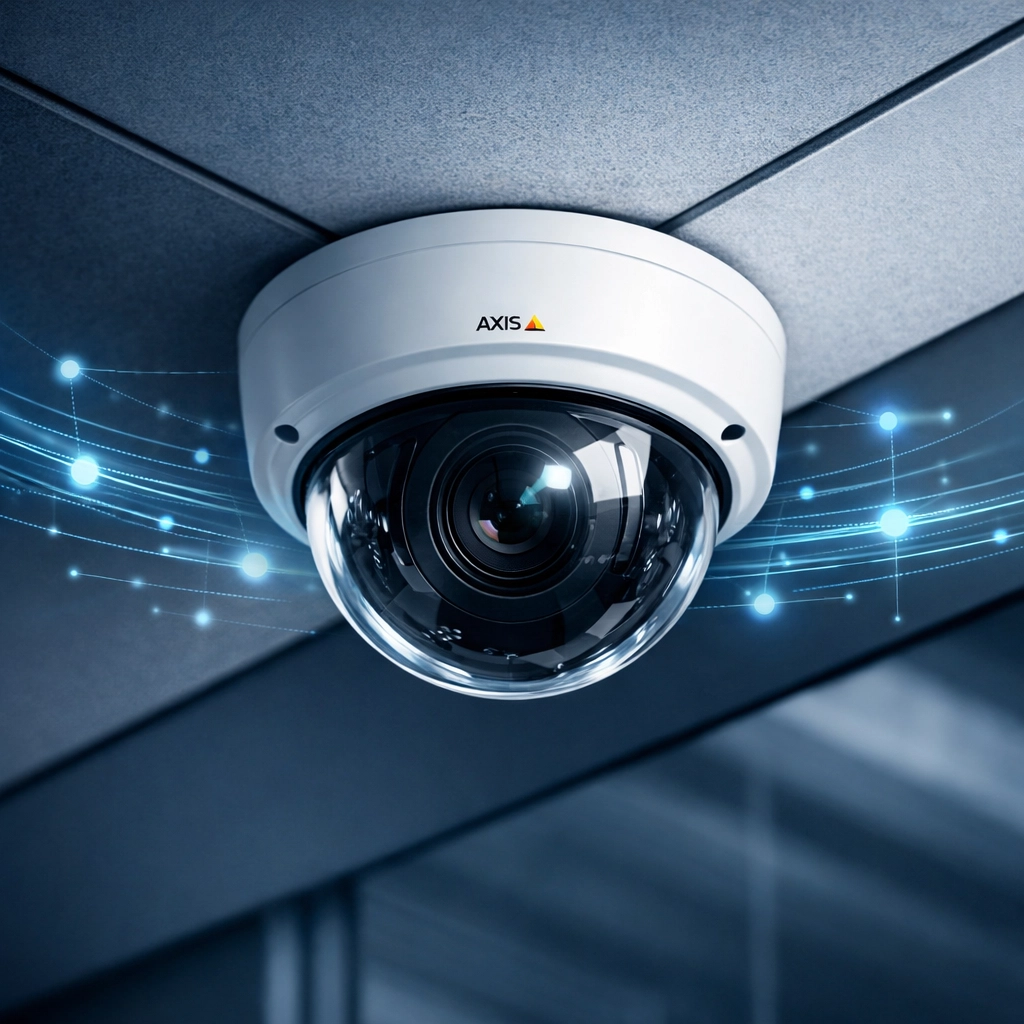 Axis dome camera with digital overlays representing real-time 911 Camera Share connectivity through ClearPath IT.