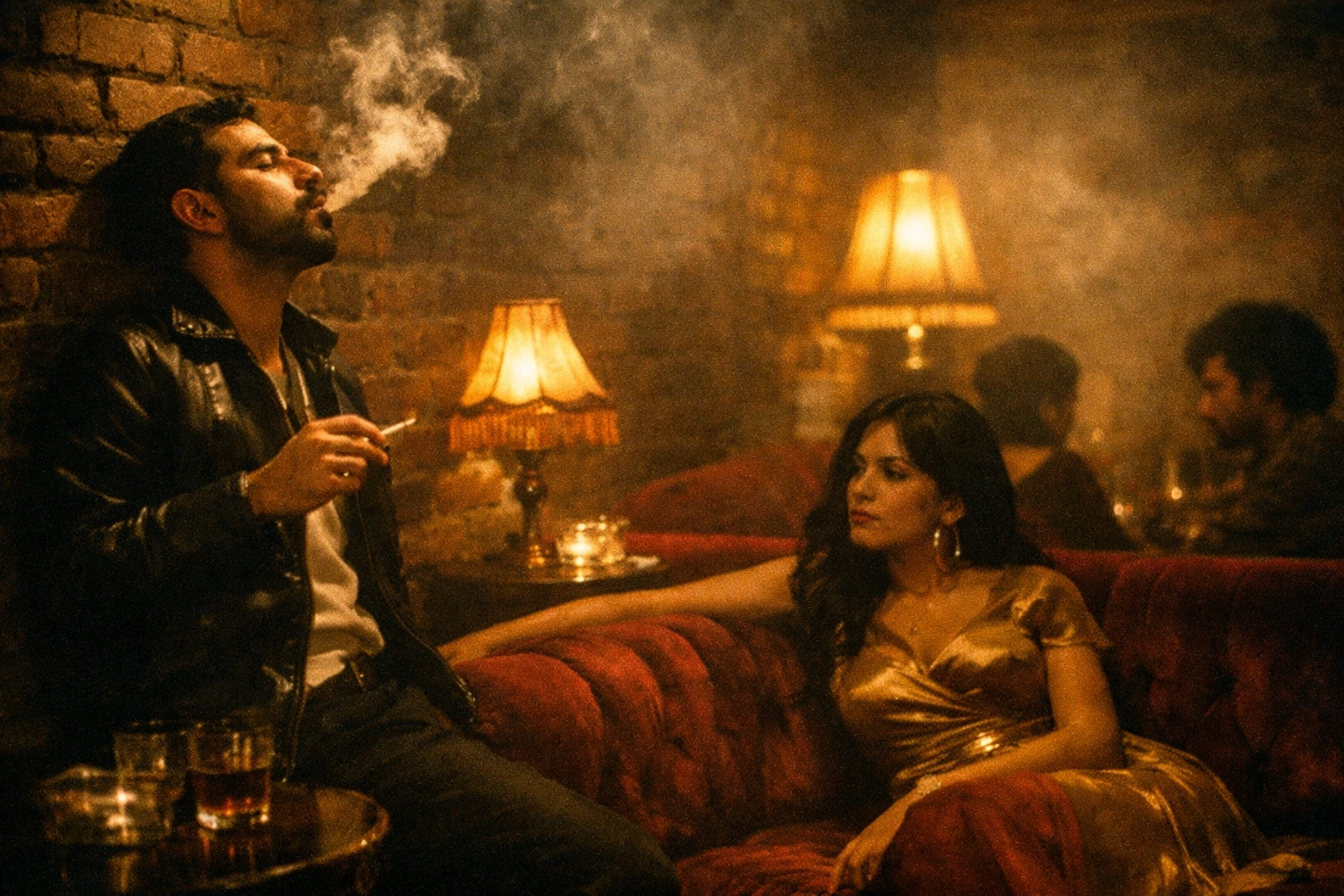 Atmospheric scene of people in dimly lit room with smoke creating cinematic mood