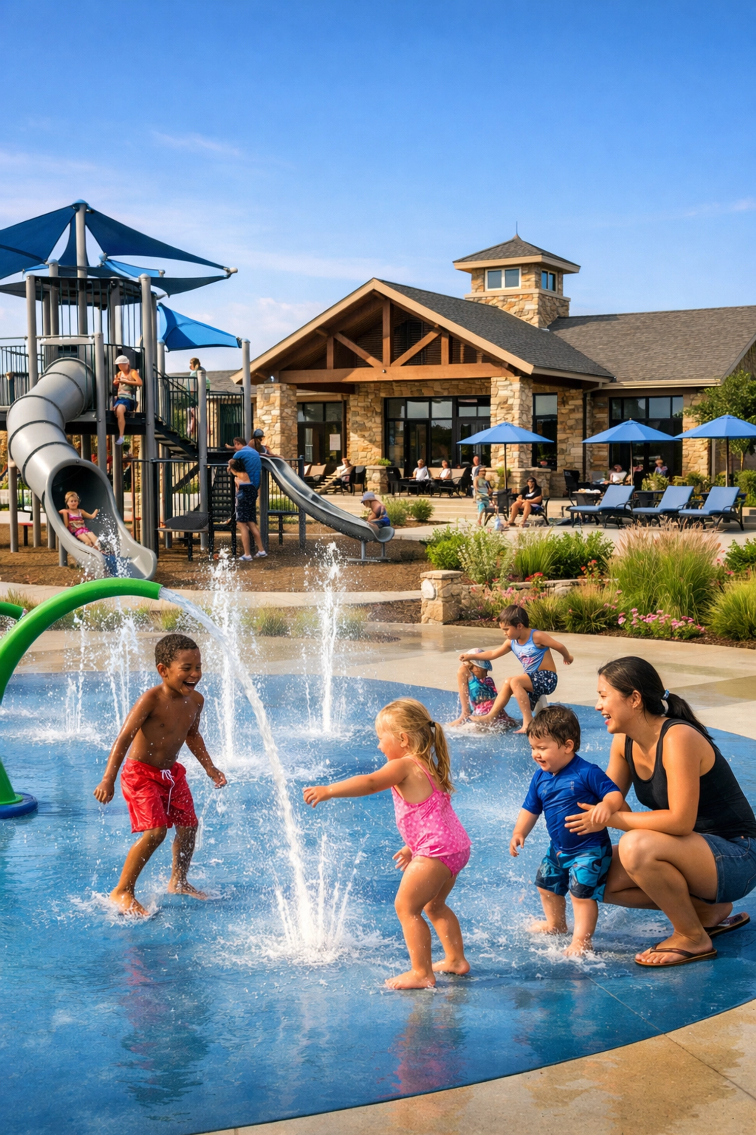 Resort-style community amenities featuring a modern splash pad, playground, and clubhouse in Terrell, Texas.