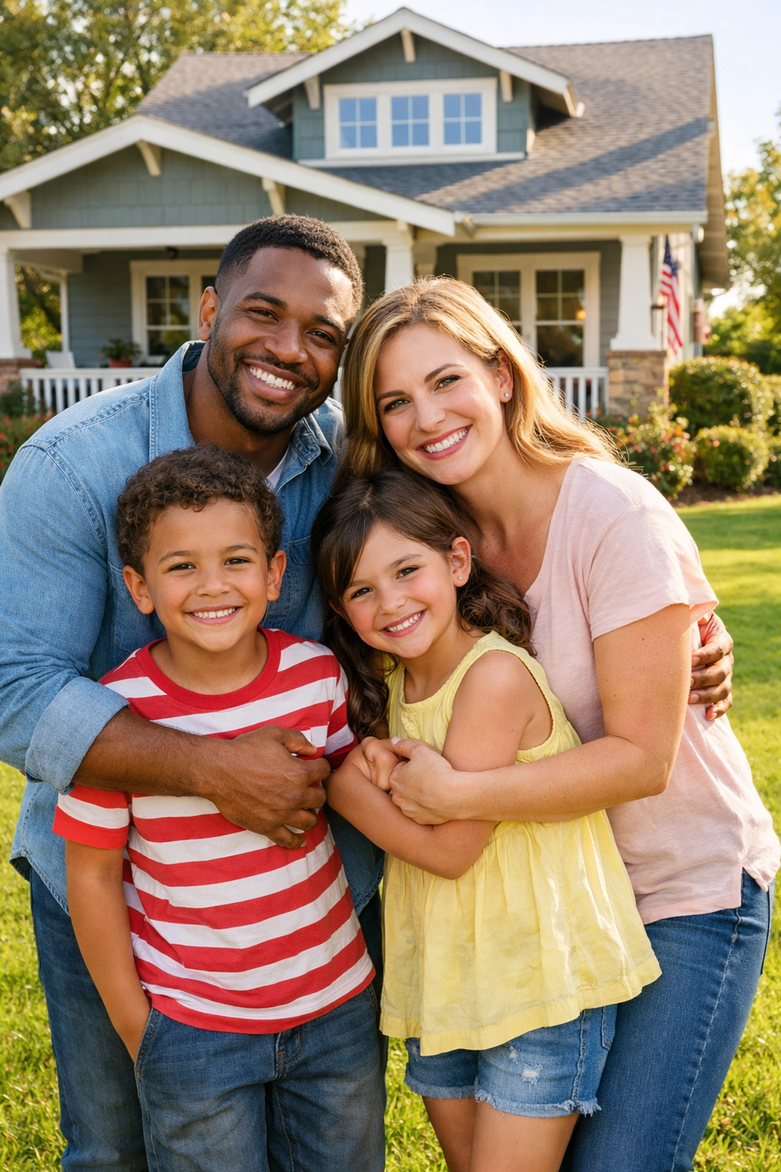 Happy family in front of their home celebrating US permanent residency and Green Card status.