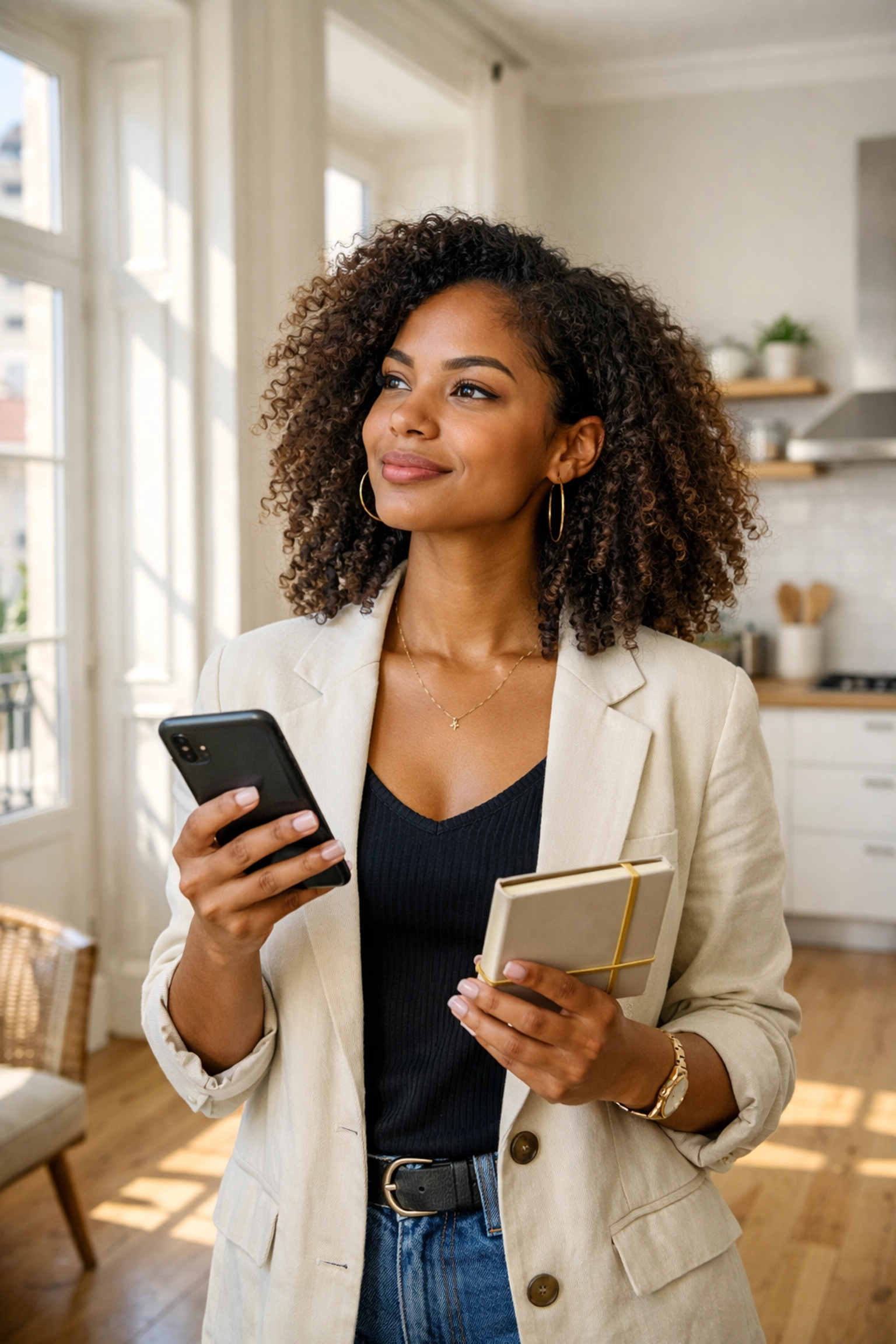 Mulher cabo-verdiana avaliando apartamento seguro para alugar quarto em Portugal com confiança.