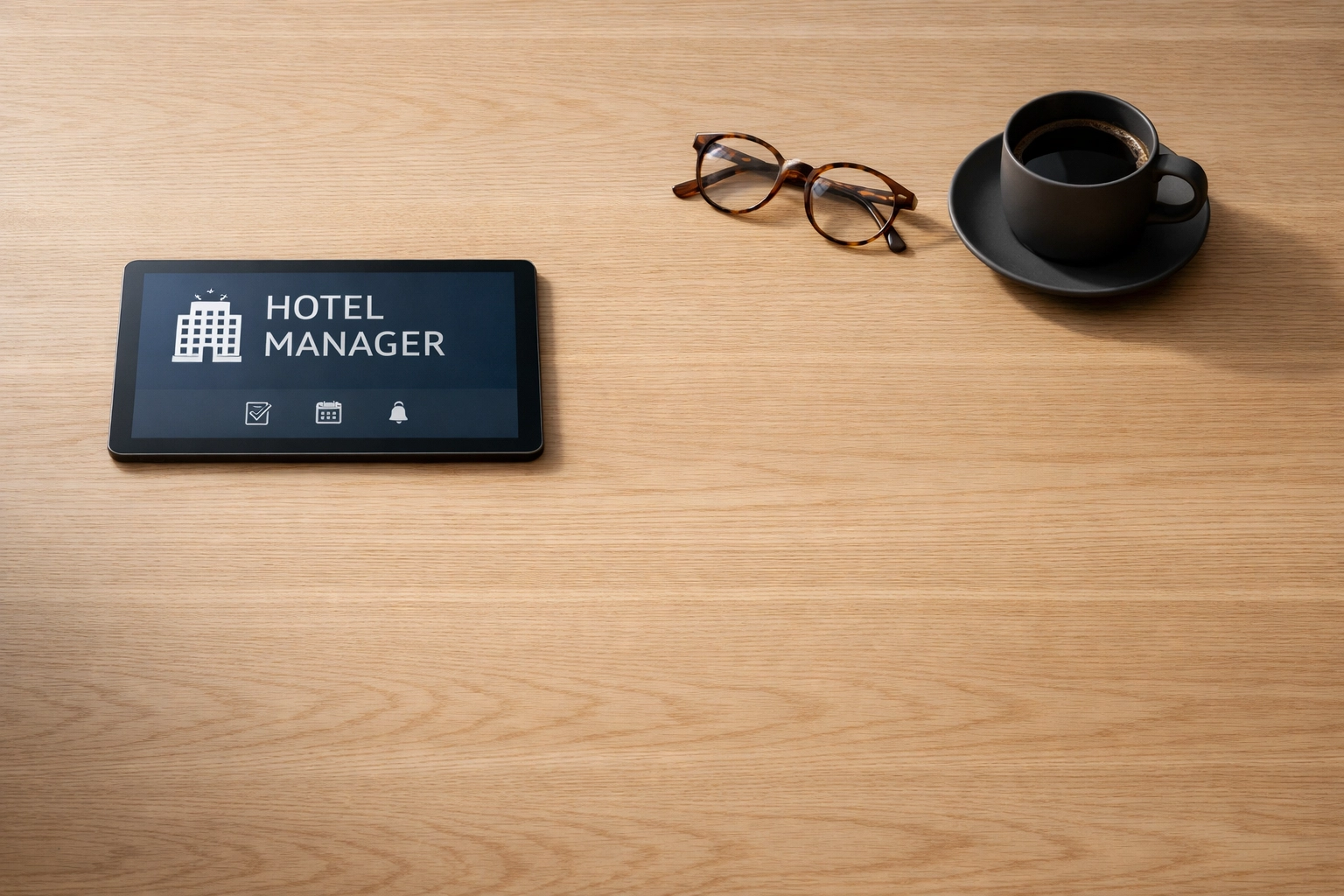 Minimalist hotel manager's workspace featuring a tablet with integrated hospitality management software.