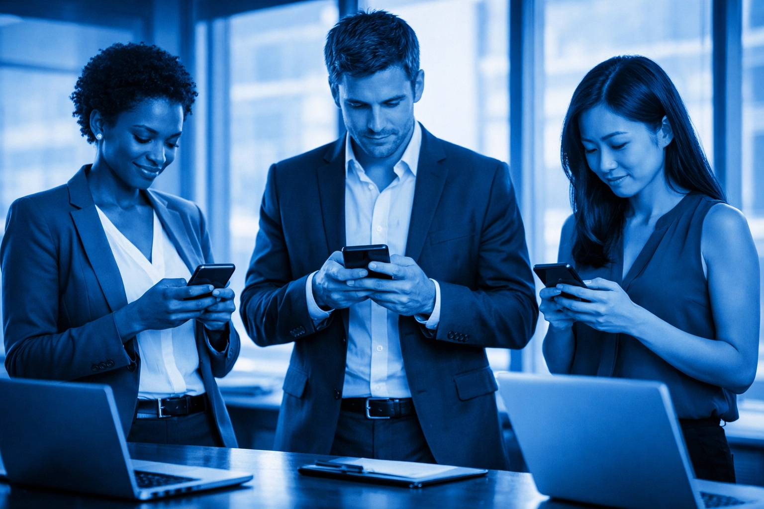 Business team setting up 2-Step Verification on smartphones in modern office