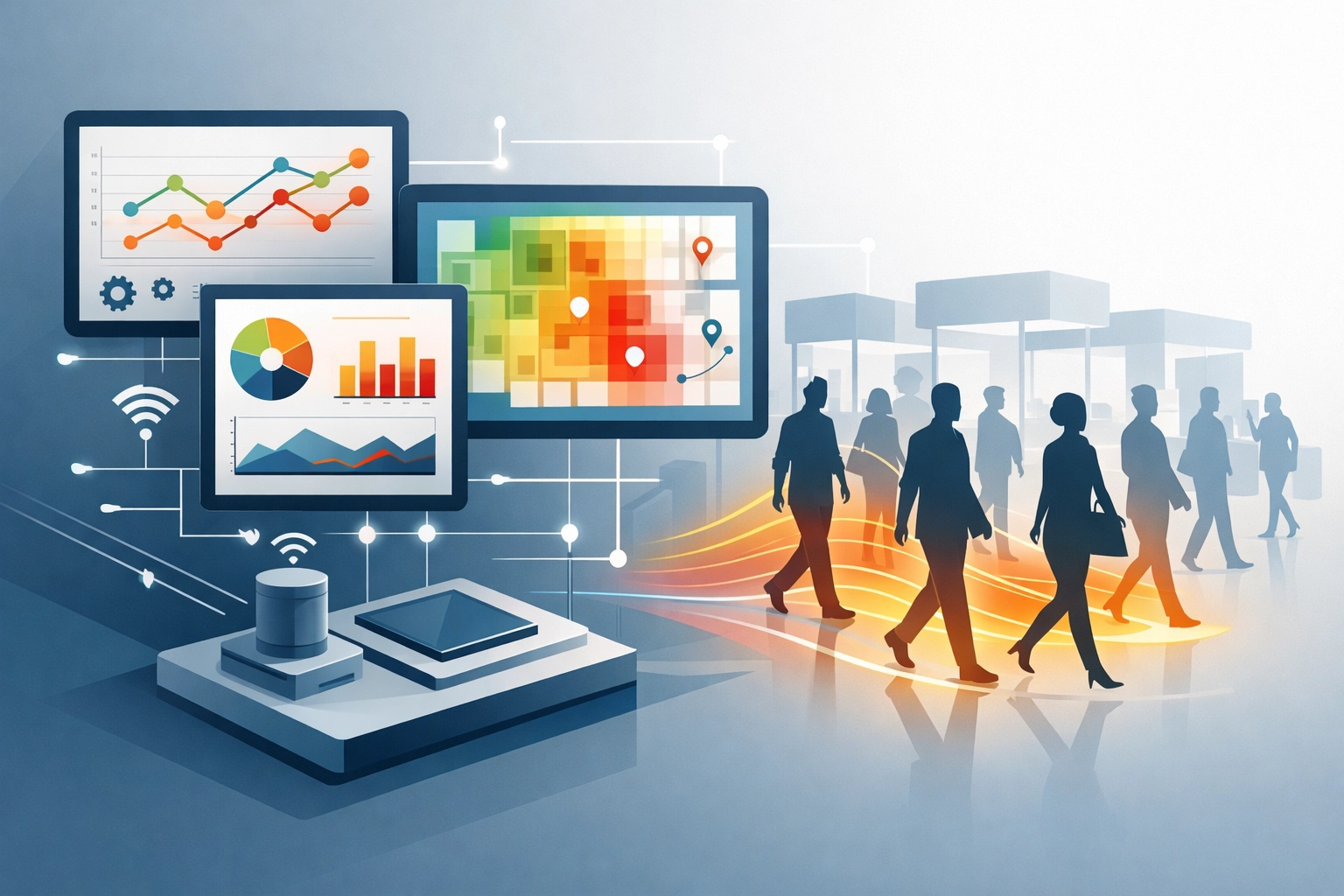 Trade show analytics dashboard displaying booth traffic patterns and attendee engagement data