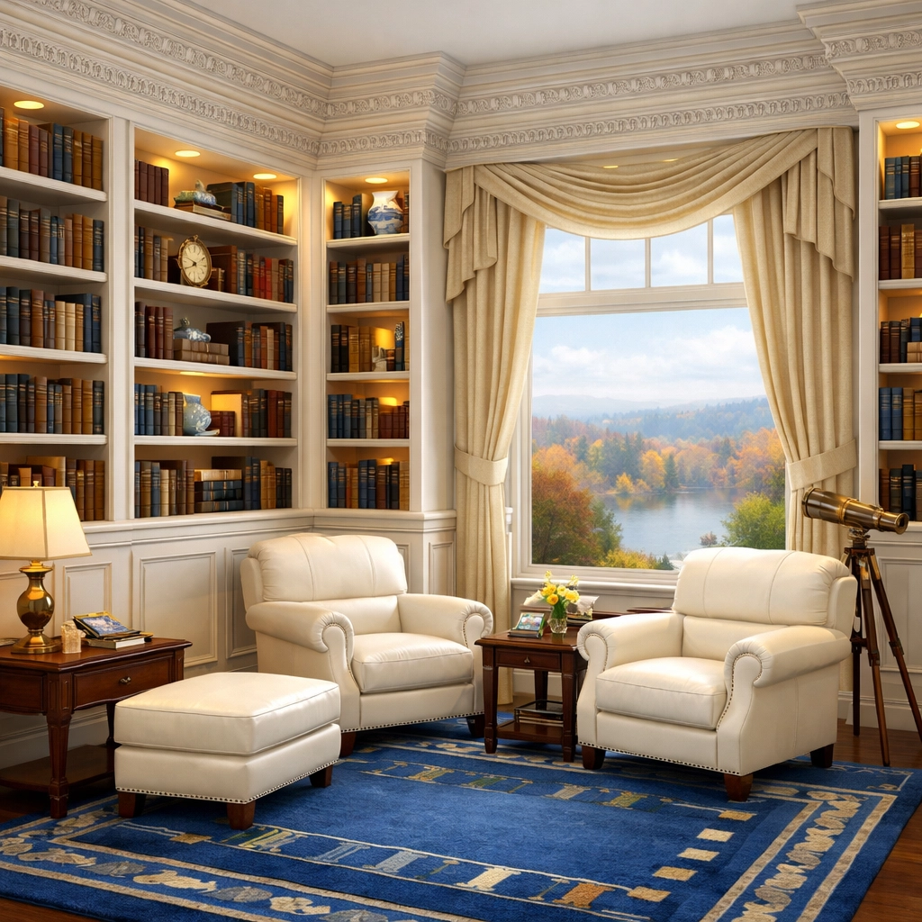 Pristine luxury library with clean bookshelves and crown molding, a hallmark of residential cleaning Massachusetts.