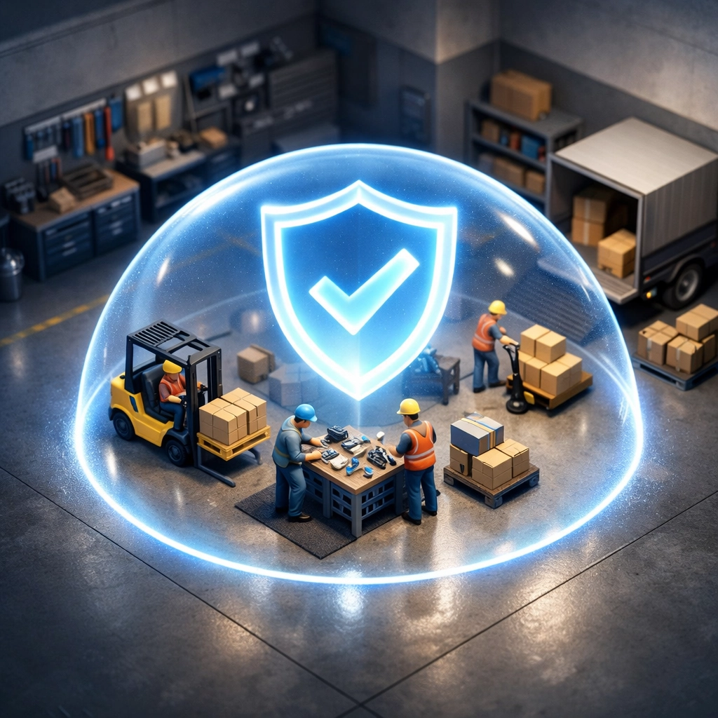 Protective shield symbol over small business workshop representing Guardian safety archetype