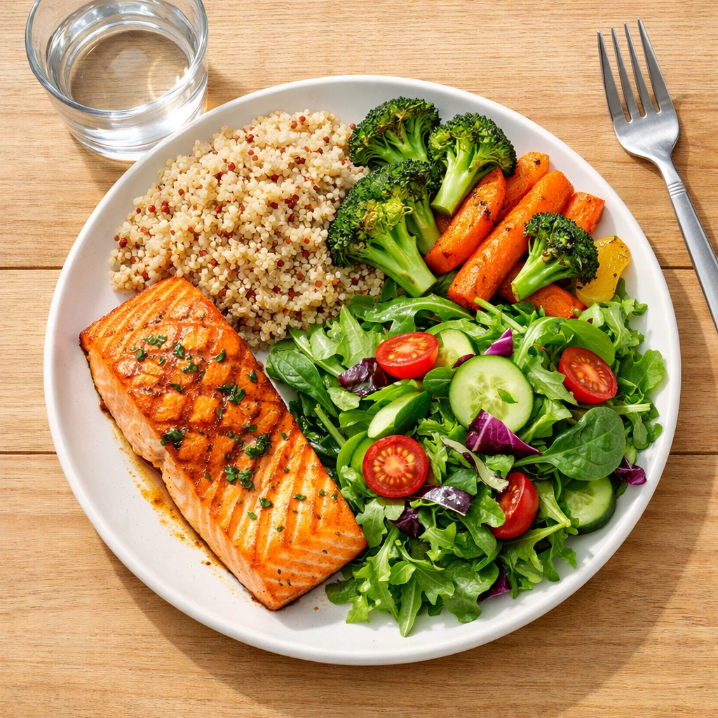Balanced meal with salmon, quinoa, and vegetables for blood sugar management