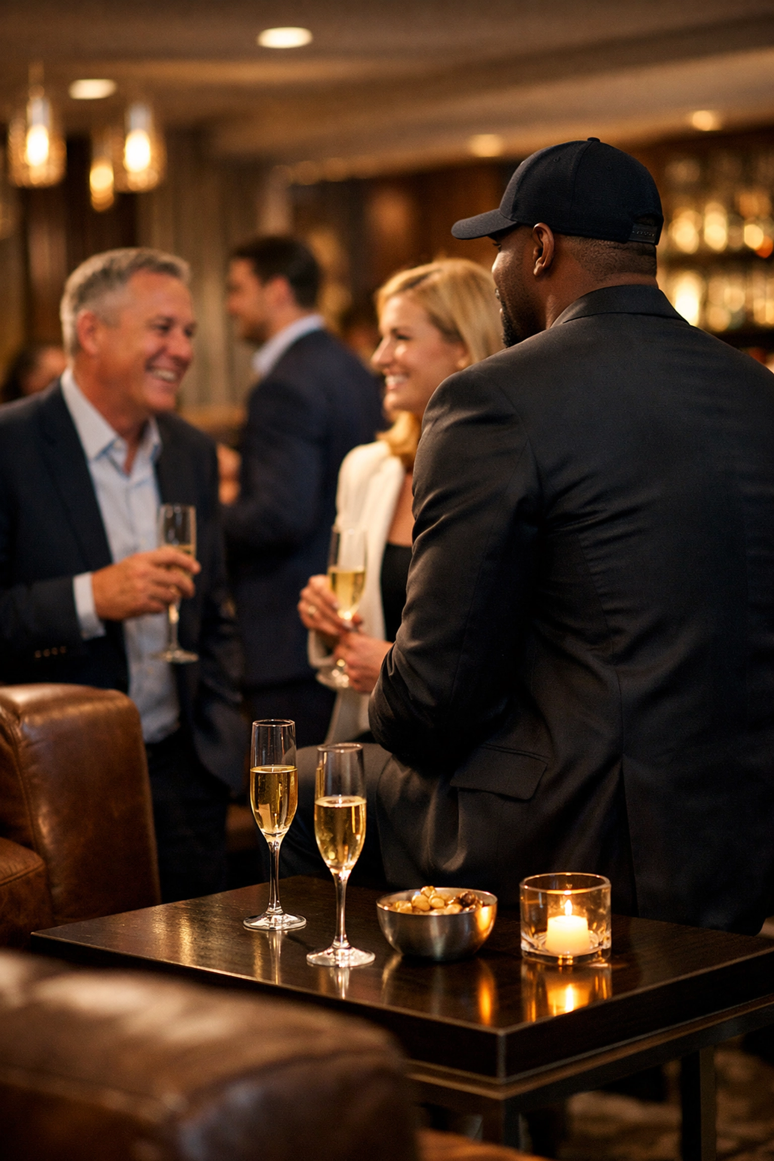 Boost Your Brand Presence Instantly with These 5 Super Bowl VIP Hospitality Strategies Business executives networking with celebrity at exclusive Super Bowl VIP lounge event