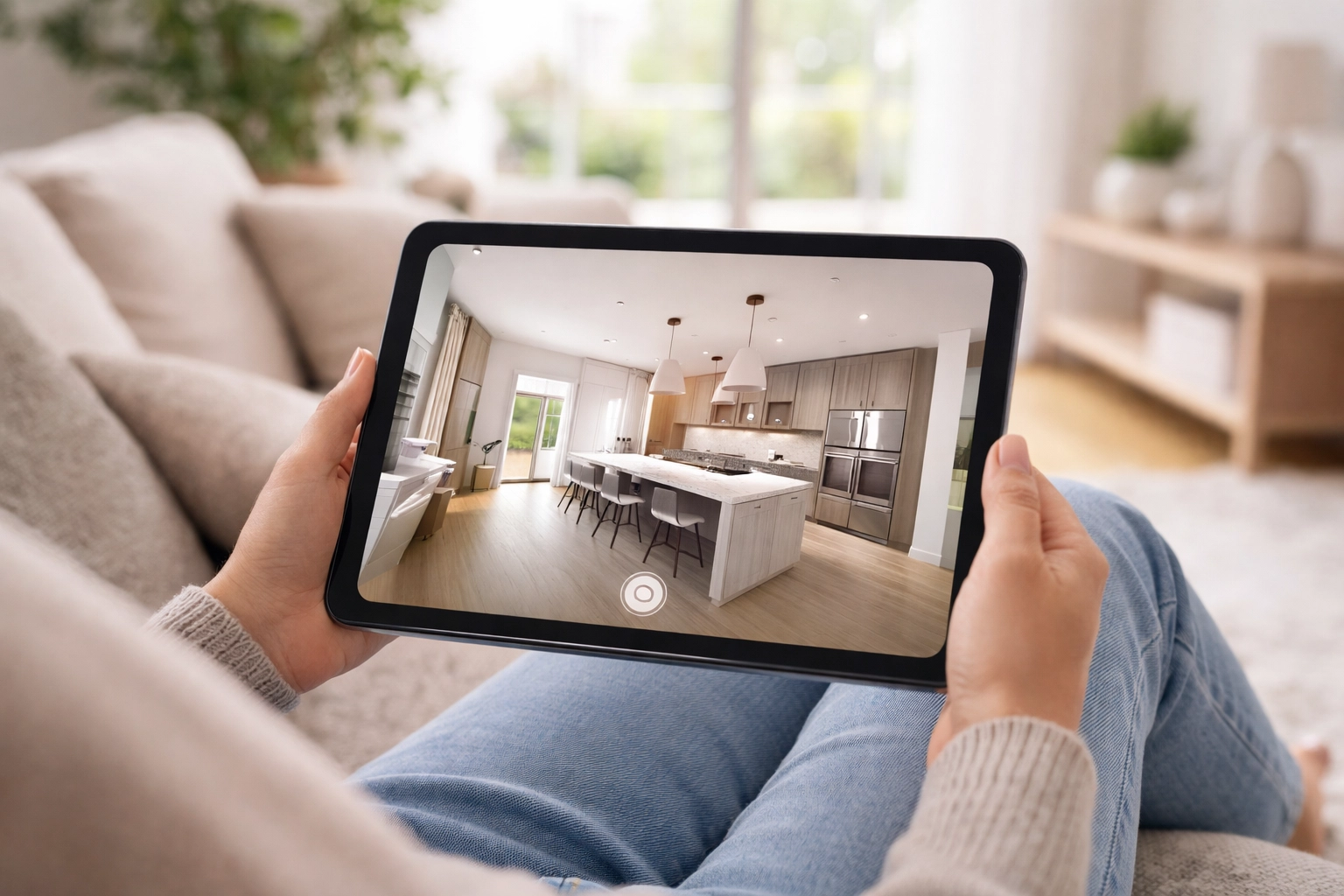 Person using a tablet to view a virtual tour of a home living room, demonstrating 3D real estate tours.